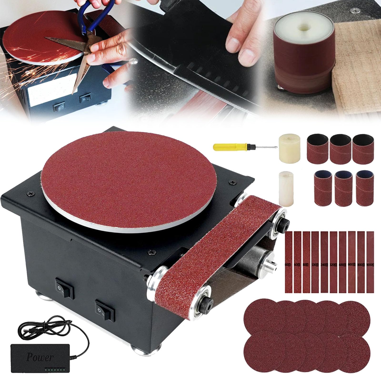 Lijadora Banda, 350W Lijadora DiscoBanda Lijadora Disco Mesa Diámetro Lijado 150mm Papel Lija 10 Discos 10 Bandas Lijado 2 Rollos 6 Bandas Lija Adecuada Para Lijar Metal Y Madera