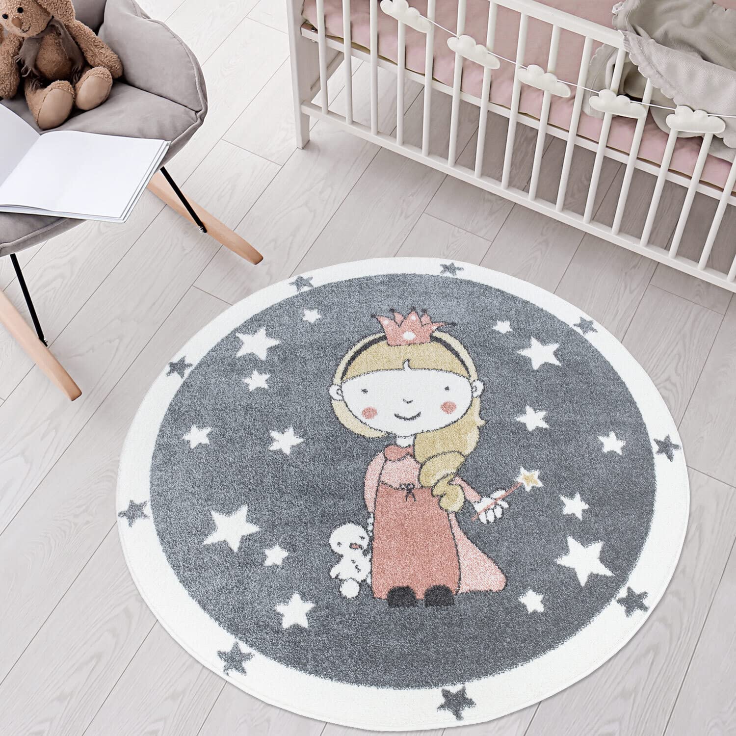 carpet city Alfombra infantil de pelo corto con estrellas, hada mágica, gris, rosa, 120 cm, redonda, pelo suave