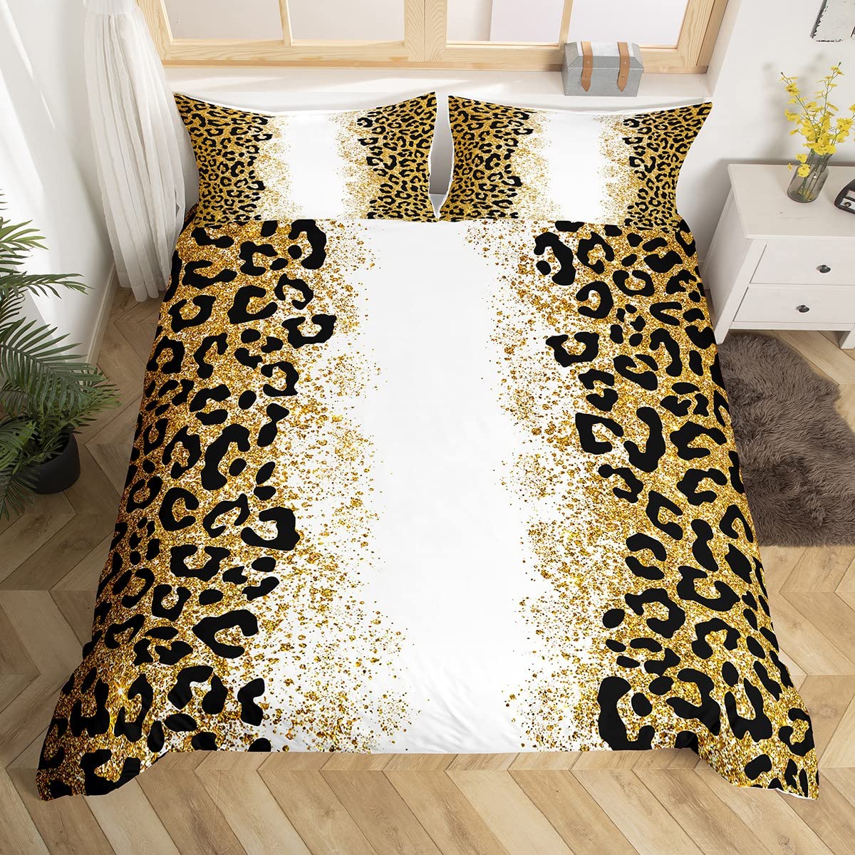 Homemissing Leopard Print Bedding Set Kids Glitter Cheetah Print Comforter Cover Set for Boys Girls Animal Print Duvet Cover Breathable Luxury Golden Bedspread Cover Decor Pastel Quilt Cover Double