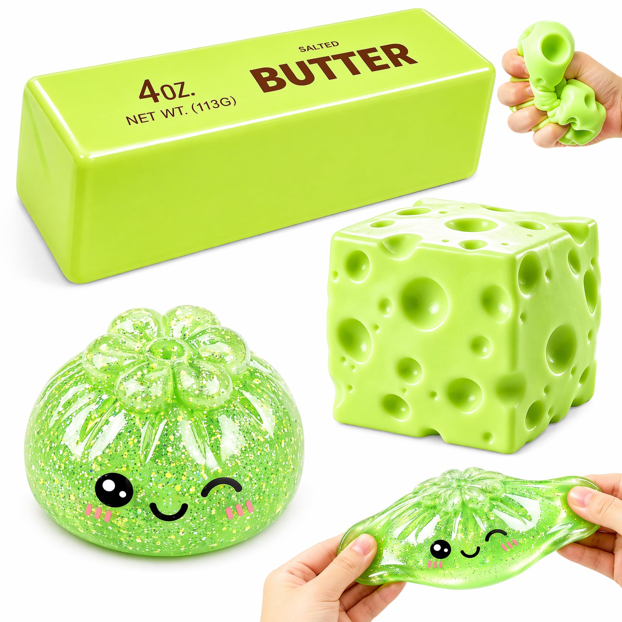 3 Pcs Glitter Sensory Toy, Butter Cheese Squishy Set