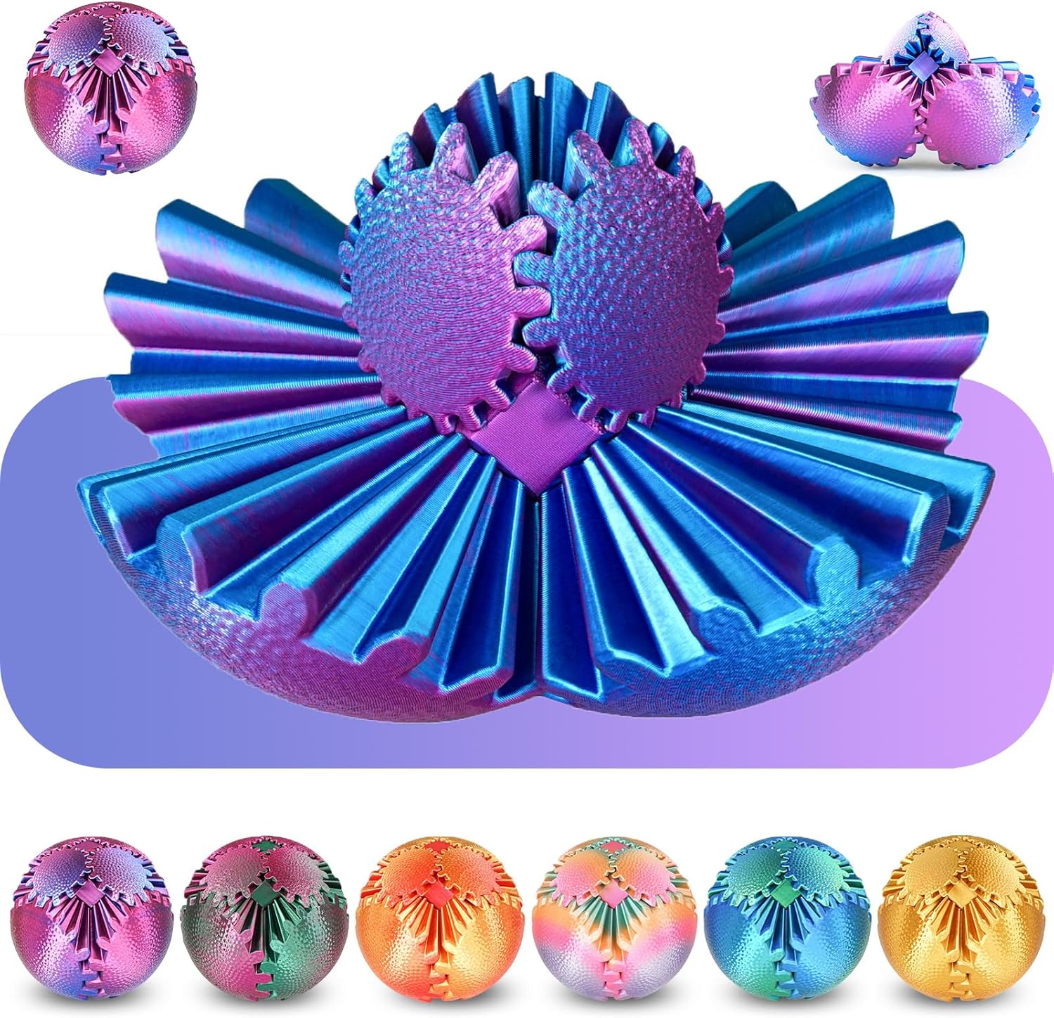 Gear Ball Fidget Toys Steampunk Gear Sphere Stress Relief for Kids Adults 3D Printed Unique Funny Birthday Gift for Christmas White Elephant Stocking Stuffer Easter (Ombre Purple, Dia. 2.5″ )