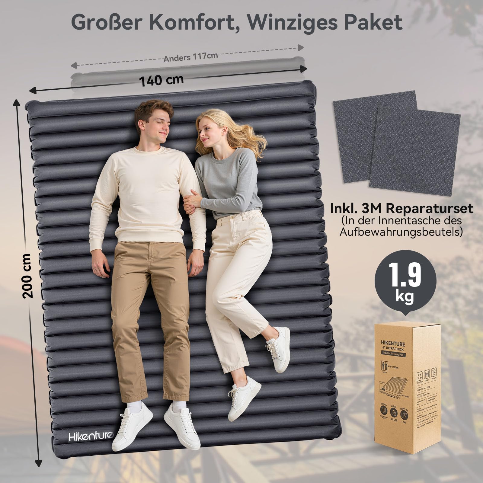 HIKENTURE Luftmatratze für 2 Personen, Doppel Isomatte Aufblasbar, Camping Schlafmatte 140cm mit Pumpsack, für Camping, Outdoor, Wandern, Strand, Grau