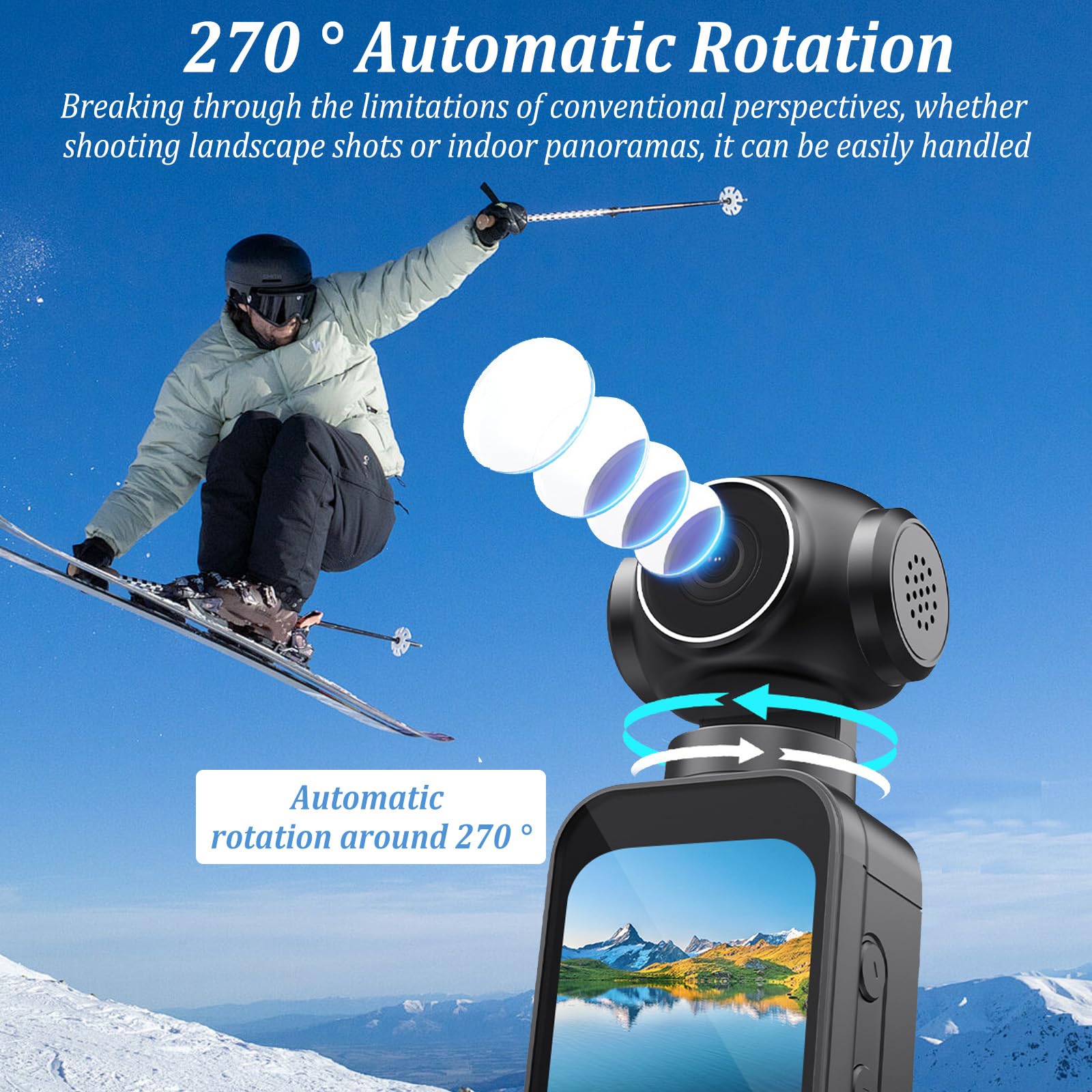 5K Bodycam Körperkamera,Vlog Kamera mit Externem Mikrofon,270° drehbares Objektiv,EIS Bildstabilisierung, WiFi App-Steuerung,Clip & Gurt – Inkl.64GB Karte Vlogging Camera für Sport,Reisen & Action