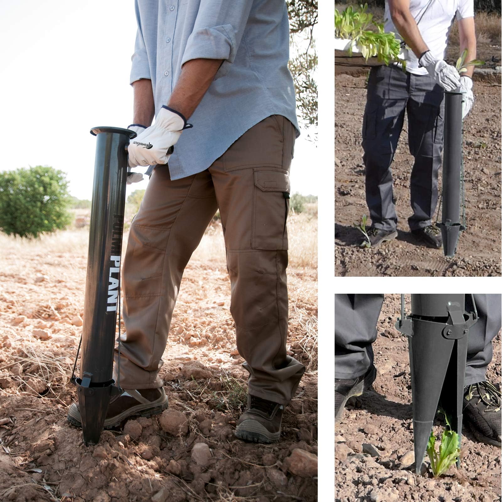 KAMIKAZE Kit Plantación Jardín: Plantadora Manual para Bulbos con Doble Asa y Liberación Automática + Pala de Mano Excavadora con Mango de Madera, Acero Resistente con Pintura Epoxy