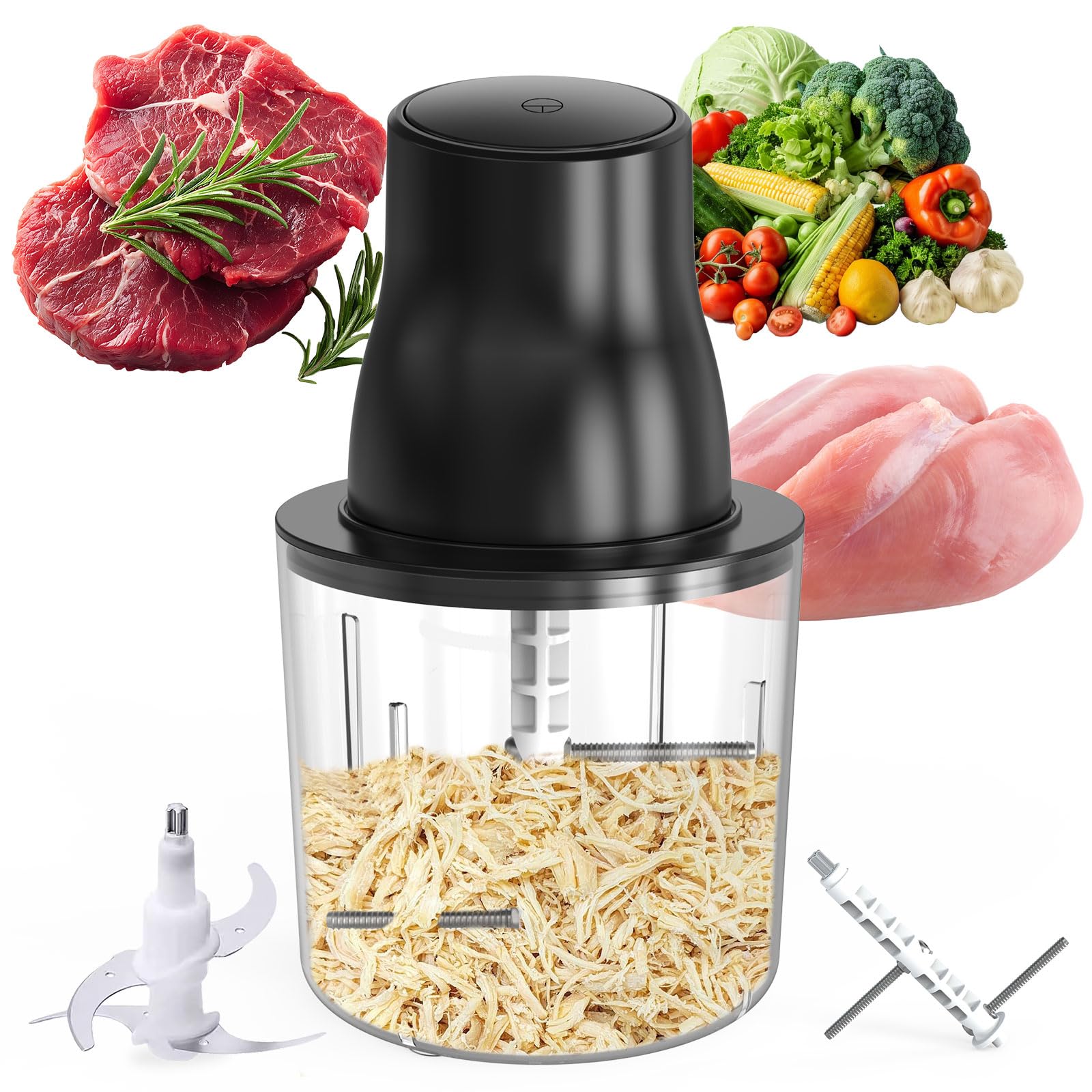 PANACARE Elektronische Universalzerkleinerer, 2 in 1 Hähnchen Zerkleinerer Multizerkleinerer mit 2 Klingen, Hähnchenbrust Schredder 1.5L für Hühnerbrust/Fleisch/Obst/Gemüse, 250W