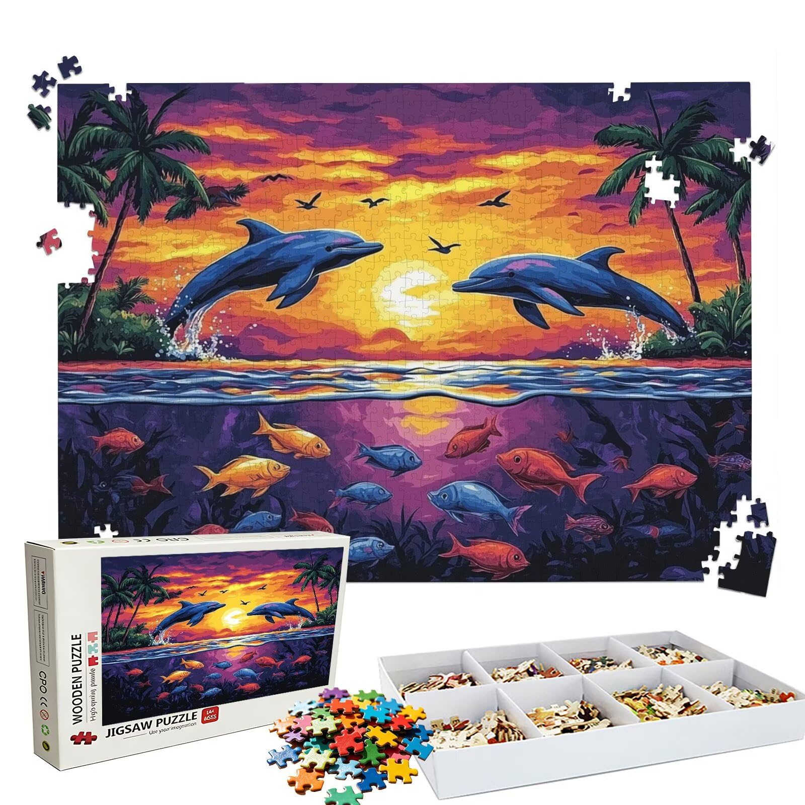 Puzzle delfino Tramonto, Puzzle Adulti 5000 pezzi, Puzzles Legno con Squisita Scatola di Imballaggio, Rompicapo per Esperti con Incastro Perfetto, Stampa Alta Definizione, Regalo per Adulti W3H-873