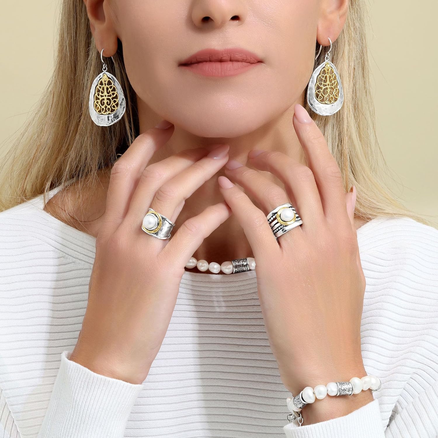 JEAN RACHEL JEWELRY Mixed Metal Two Tone Ring for Women – Pearl Hammered – 925 Sterling Silver & 14K Gold Over Silver – White Freshwater Pearl Statement Ring – Hypoallergenic Design - Image 4