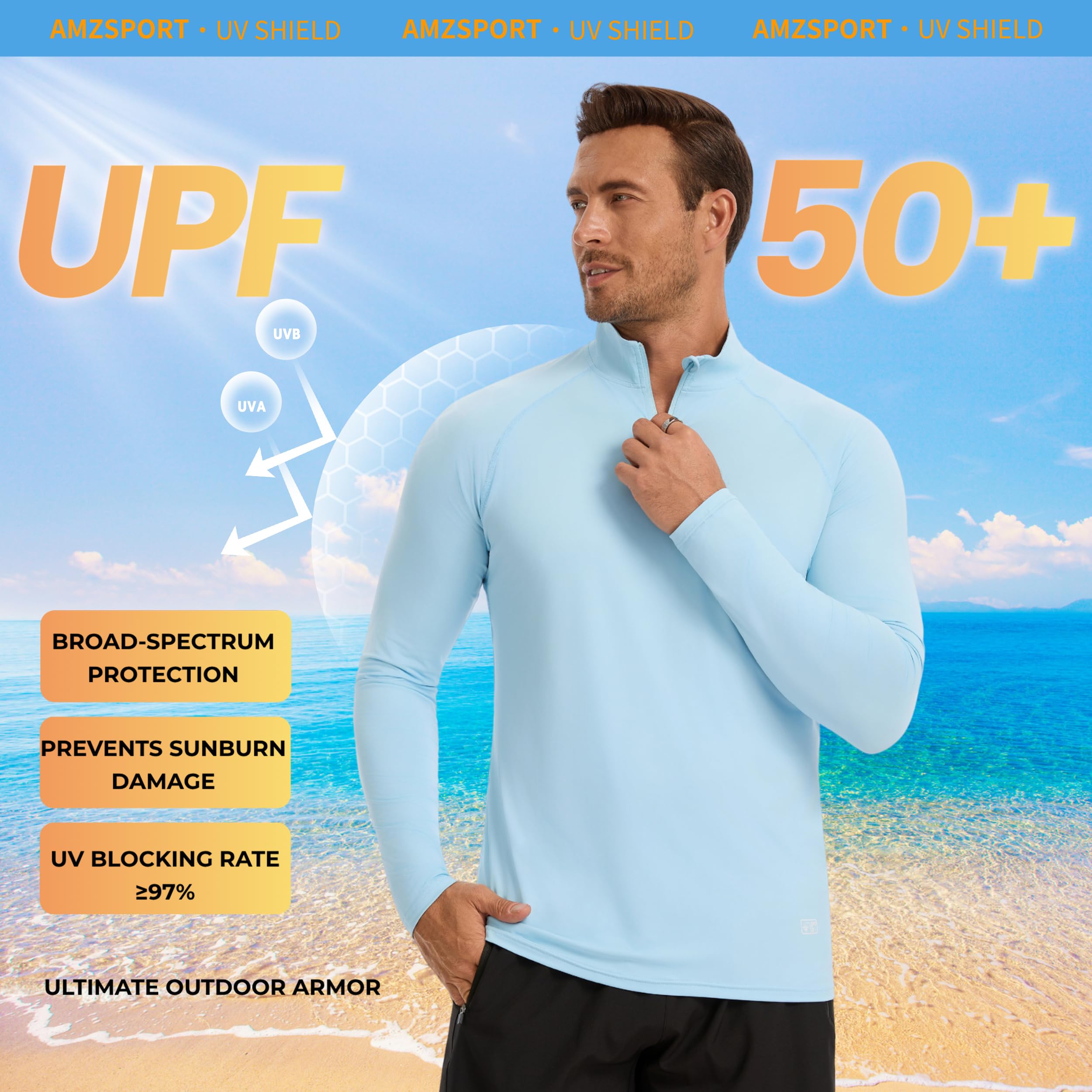AMZSPORT Camiseta Hombre Manga Larga UV UPF 50+ Protección Solar Cremallera Secado Rápido