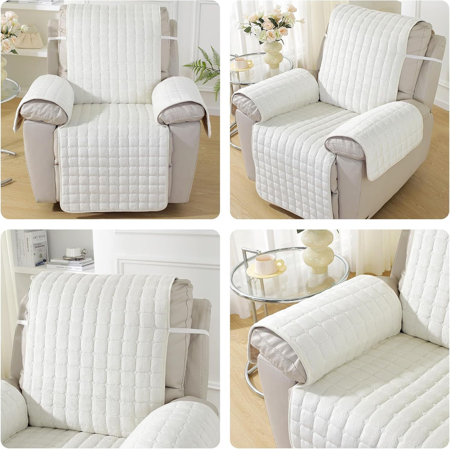 MIFXIN Recliner Cover Armchair Couch Cover Velvet Plush Sofa Cover for 1 Seat Reclining Chair Non-Slip Washable Slipcover Furniture Protector with Elastic Straps Stay in Place (Beige)