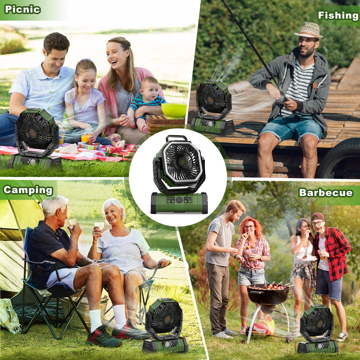 Ventilador de camping recargable, F6 20000 mAh, ventilador portátil para exteriores con linterna LED, funciona con pilas inalámbricas, gancho colgante de 360°, ventilador de escritorio de 4