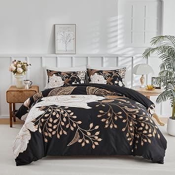 mixinni Floral Duvet Cover Queen Size, 3 Pieces White Flowers and Gold Leaves Printed on Black Bedding Set, Soft Premium Cotton Reversible Elegant Floral Duvet Cover Set for All Season-Queen Size