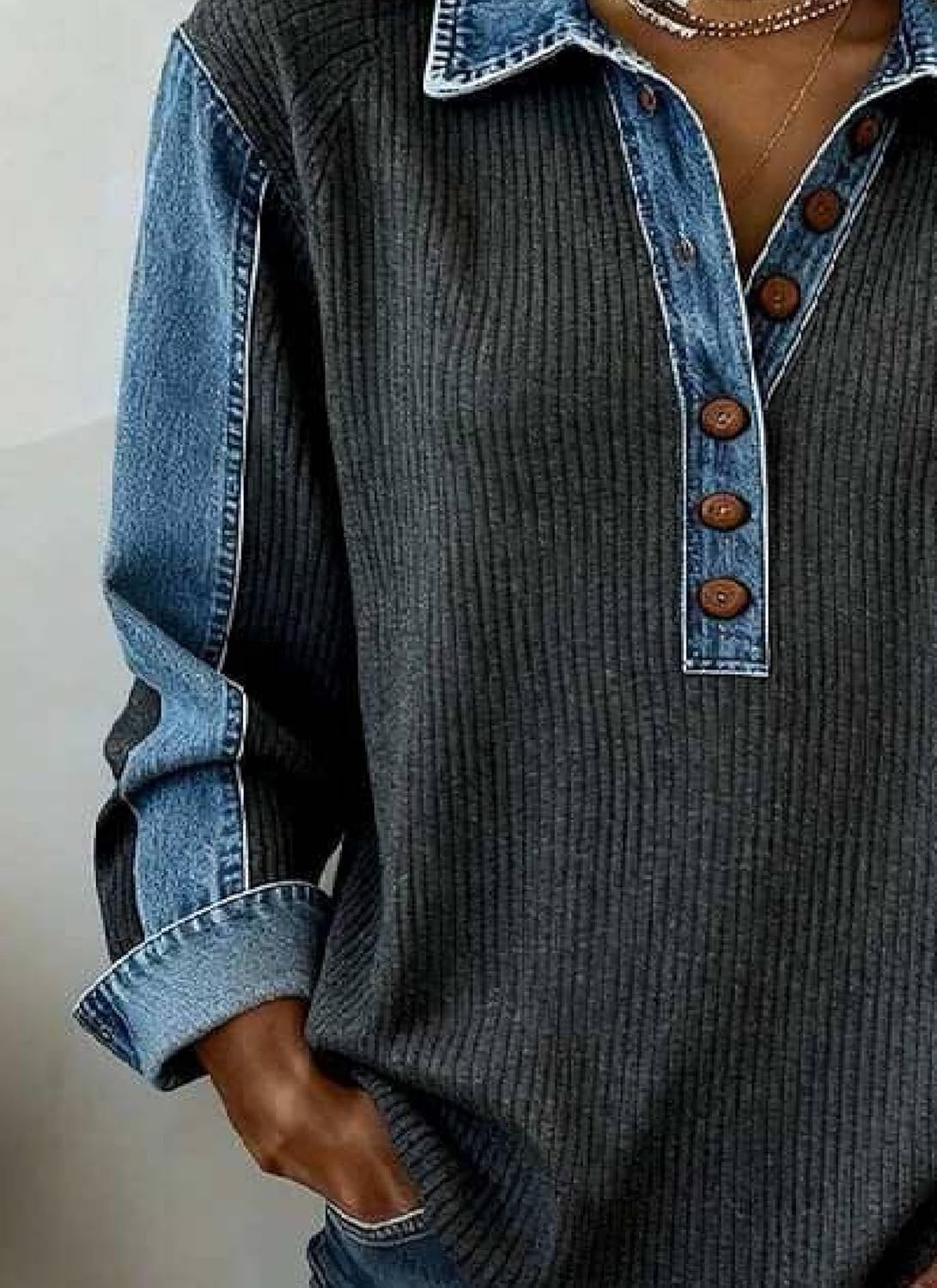 Women's Waffle Knit Top with Denim Collar Cuffs Button Front Long Sleeve Pullover Casual Office Outfits - Image 3