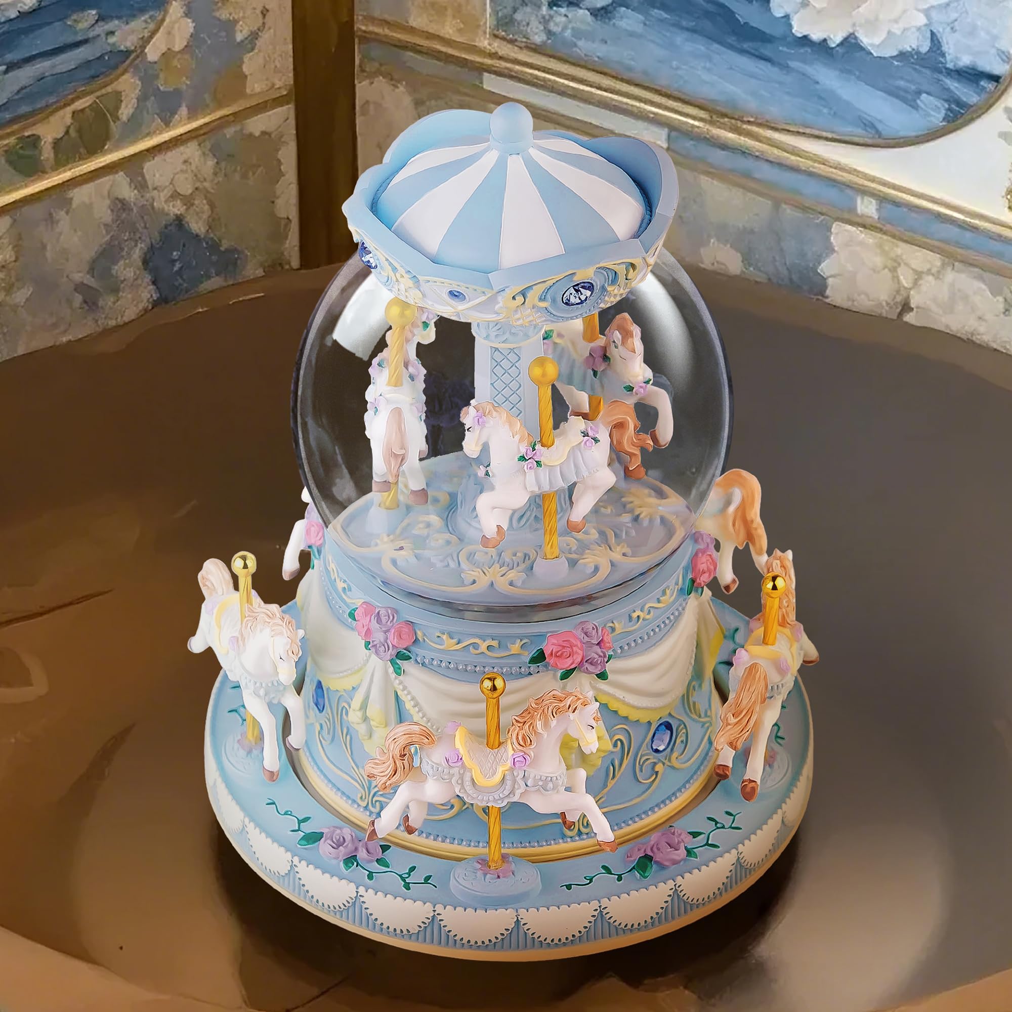 BOECK - Blauwe Carousel Muziekdoos - Decoratieve Draaiende Carrousel Met Melodie Tafeldecoratie Babyshower Decor Draaimolen Muziek Muziekdoos Taartdecoratie