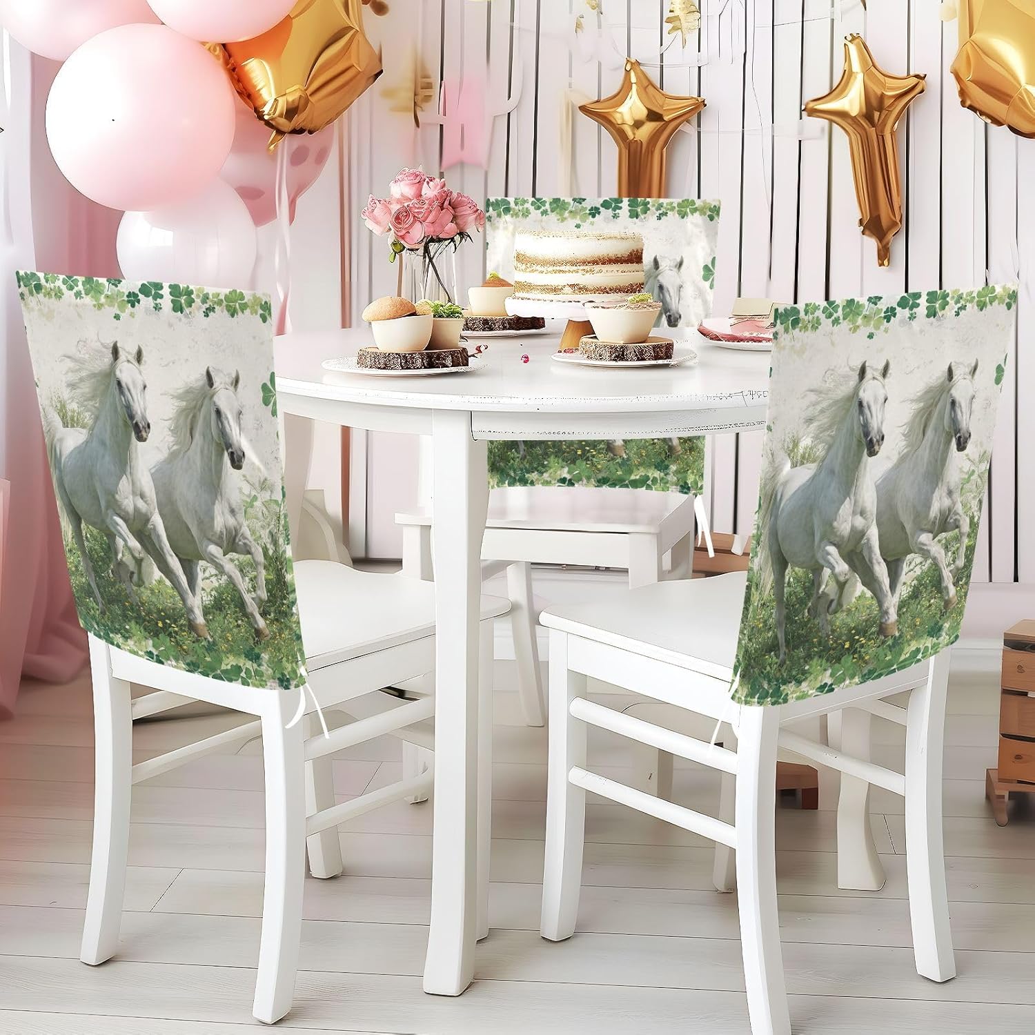 ALAZA Running Horses Shamrocks Chair Back Cover Set of 6, Washable Reusable Removable Chair Slipcovers Decorative Chair Cover for Home Kitchen Wedding Party