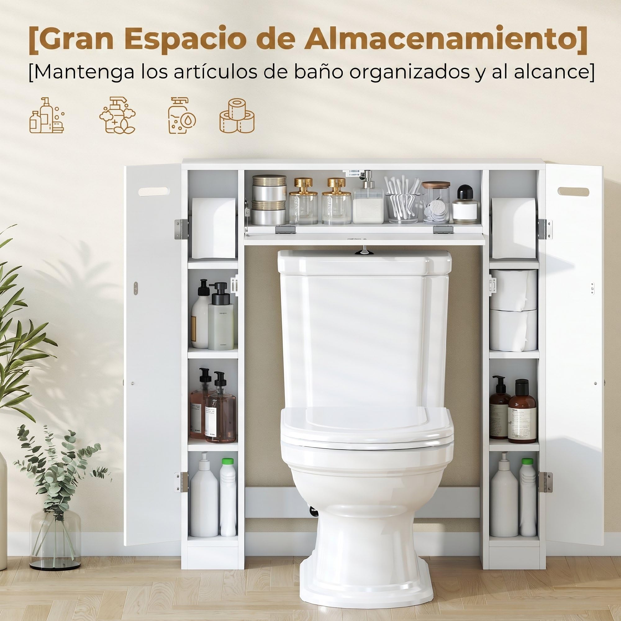 HOMCOM Mueble sobre Inodoro con 2 Armarios Laterales 88x18x98 cm Blanco | Armario sobre Inodoro, Mueble de Baño, Cajón Abatible, Portapapeles, Estantes Ajustables, para Espacios Pequeños