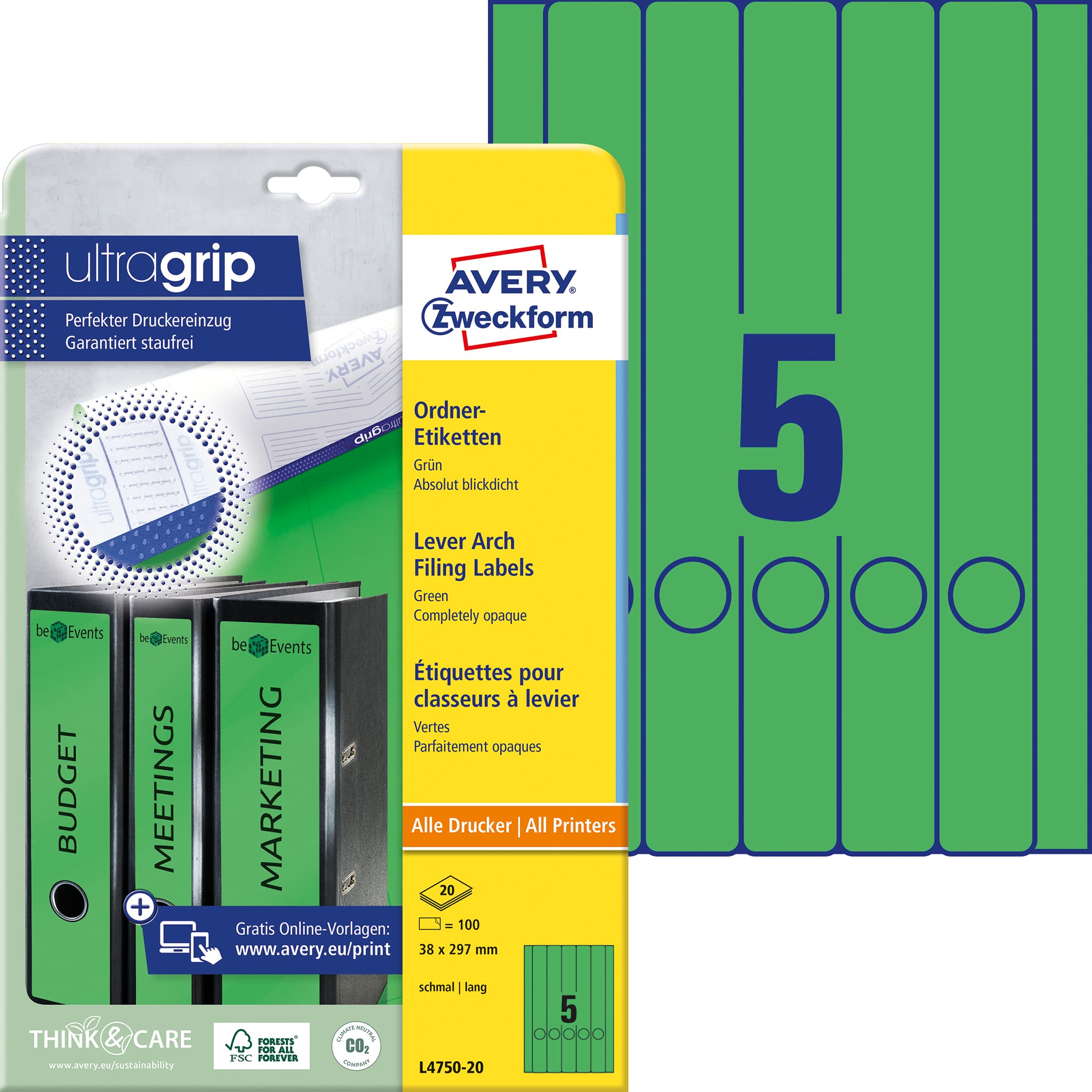 Avery Zweckform L4750-20, Folder Labels for Narrow Folders Long, e.g. for Leitz Elba Esselte Mehle Herlitz Bene 38 x 297 mm 20 Sheets