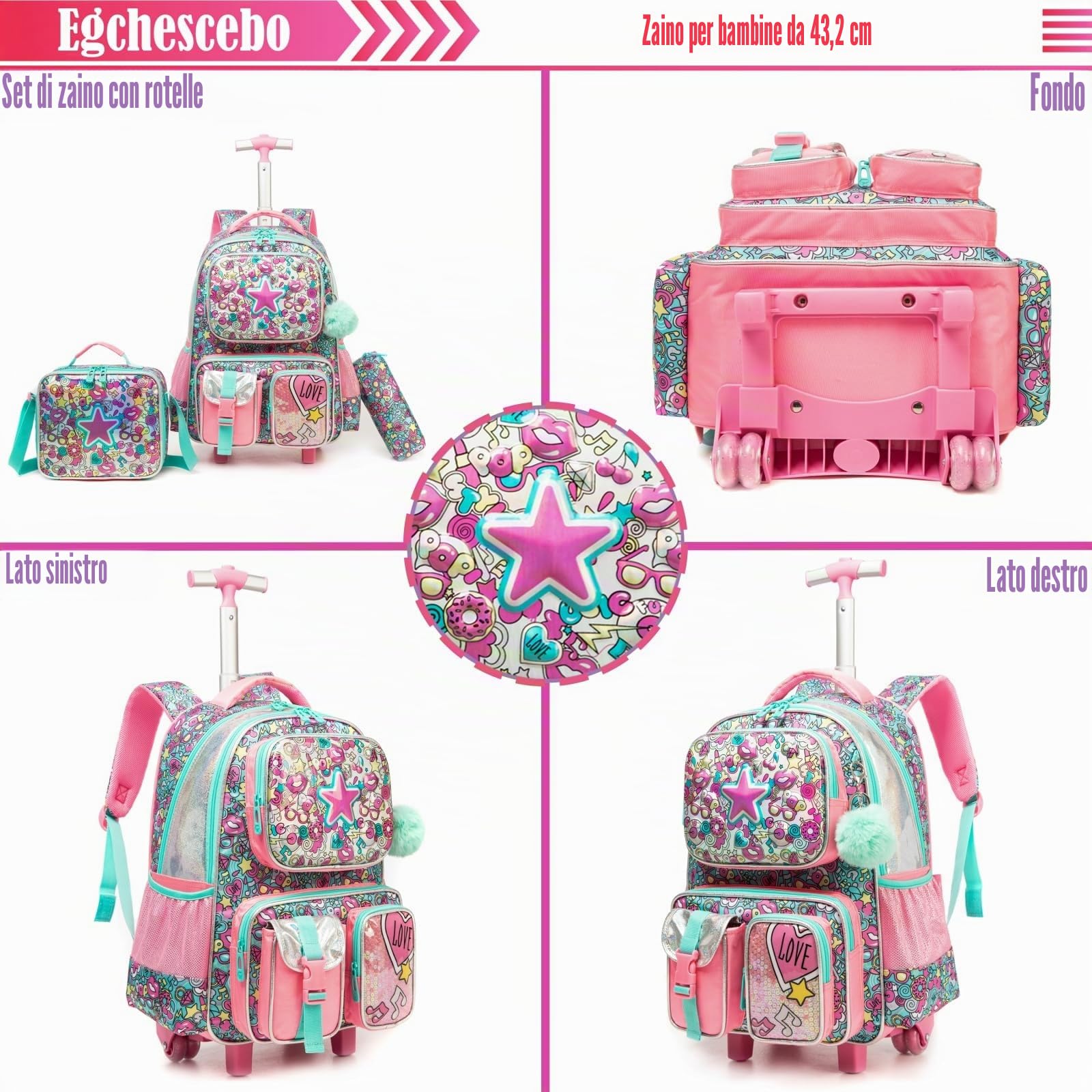 Zaino Trolley Elementare Bambina Ruote Regoli da 17” Viaggio Carrello
