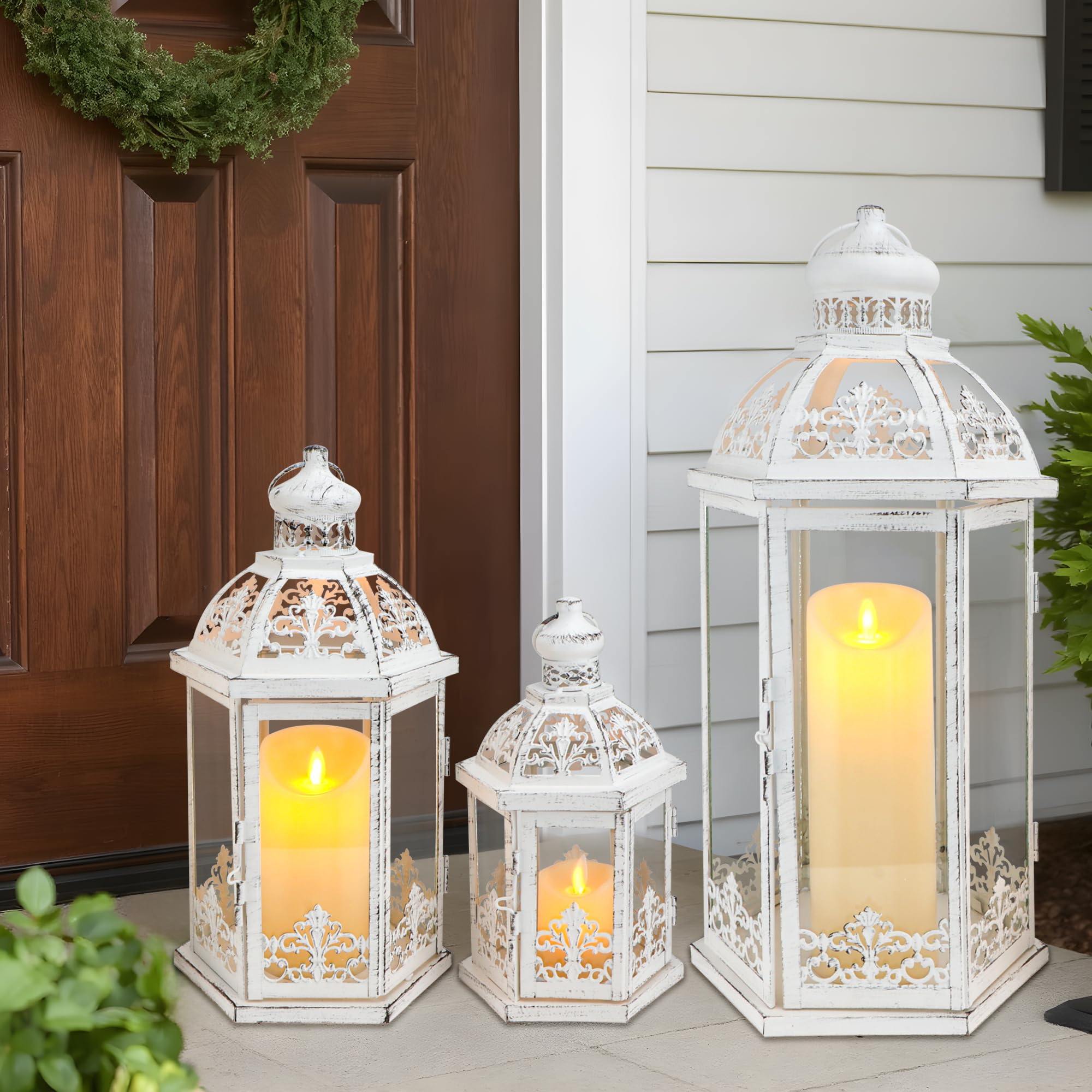TRIROCKS Large Set of 3 Decorative Lanterns 48 & 34 & 24.5 cm H Vintage Hanging Lantern Metal Candleholder with Tempered Glass for Indoor Outdoor Home Decor Parties Garden(White with grey Brush)