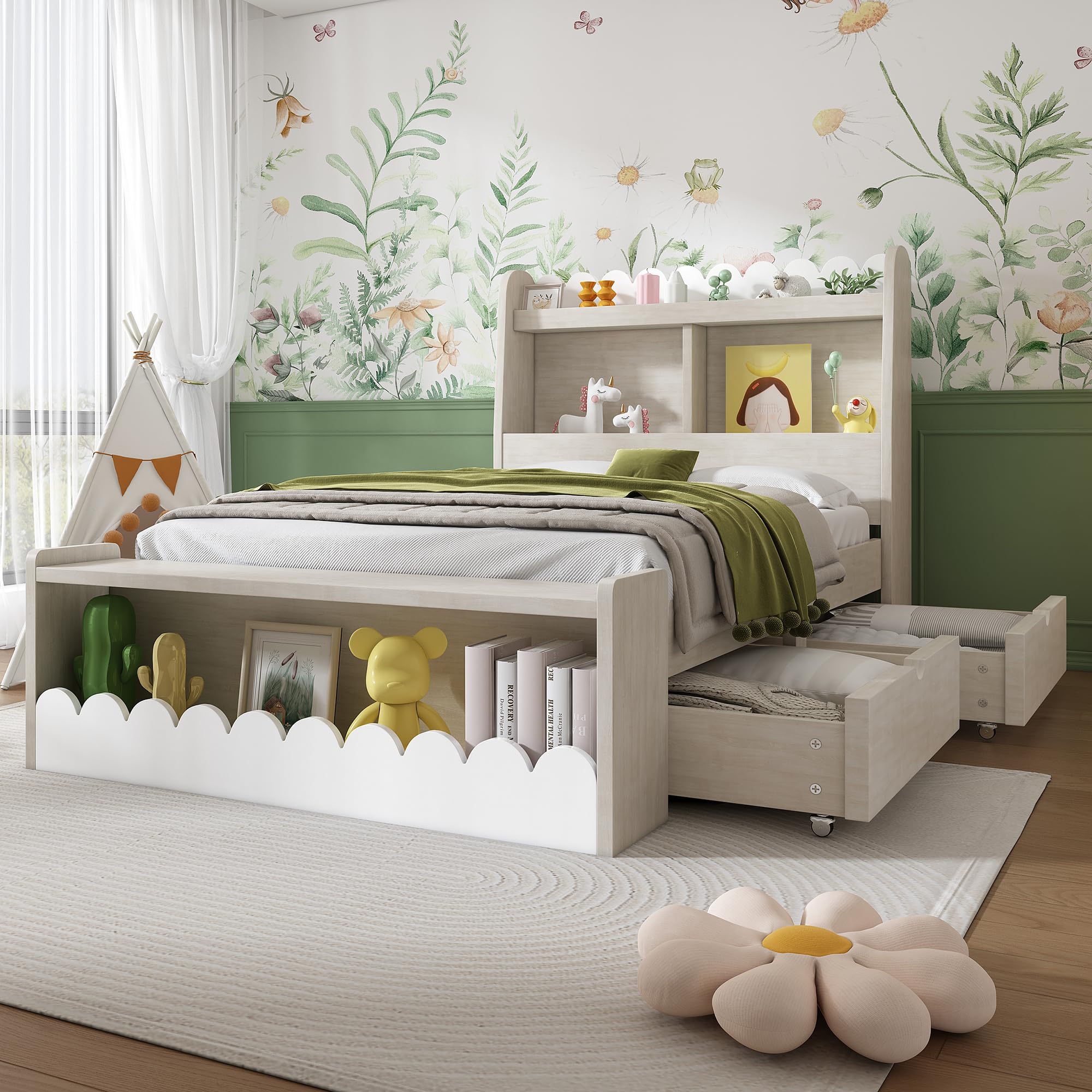 Lettino singolo con cassetti, ripiano e panchina con vano portaoggetti, letto in legno 90 x 200 cm, struttura del letto e rete a doghe in legno, bianco con rovere (senza materasso)