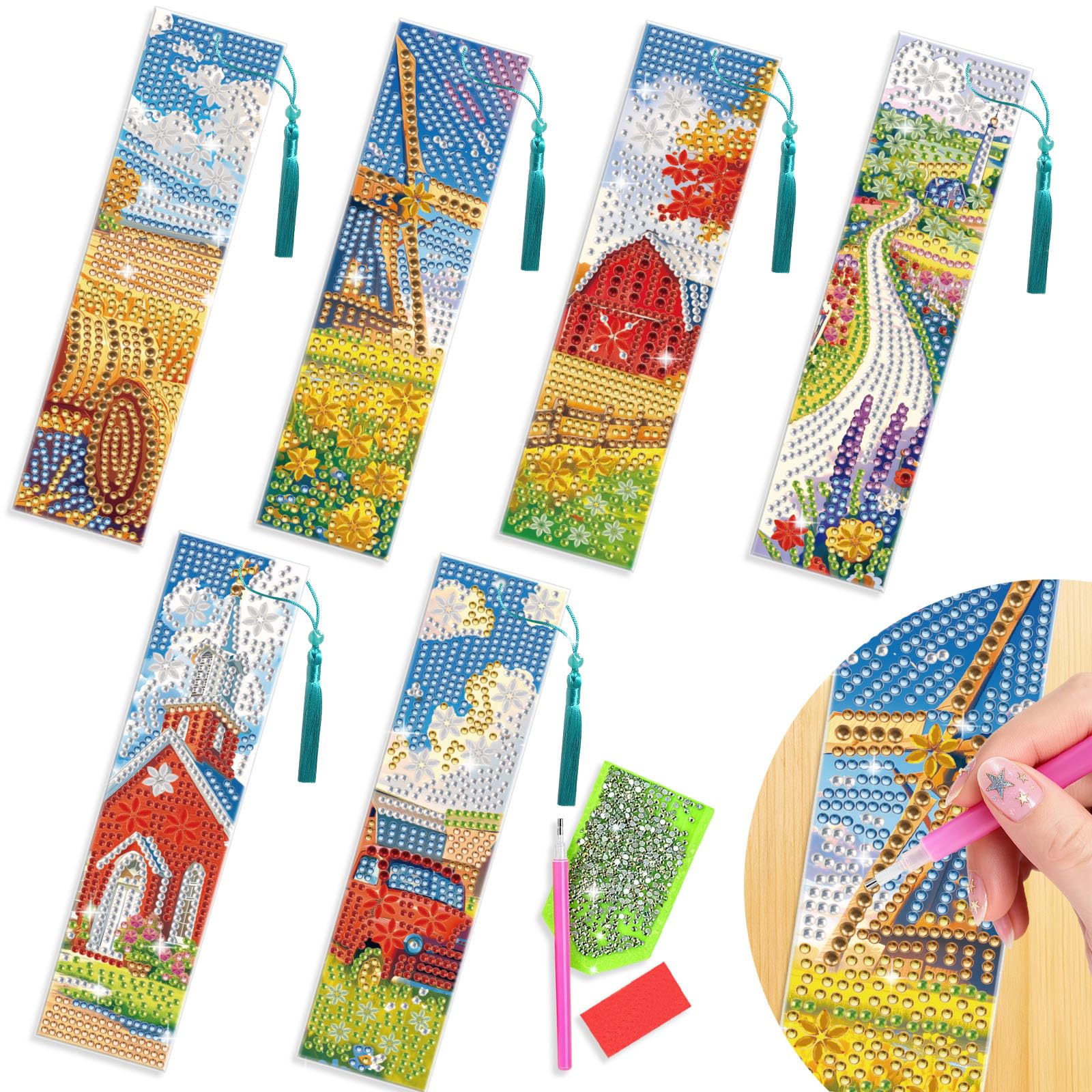 beinkmake 6pcs Rural Scenery Diamond Painting Bookmark with Tassel Set for Adults Diamond Art Gifts for Girls
