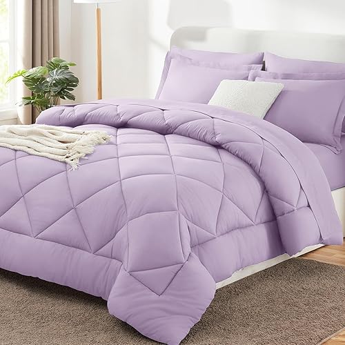 CozyLux Juego de edredón King con sábanas de 7 piezas, ropa de cama en una bolsa, color morado claro para todas las estaciones, juegos de ropa de