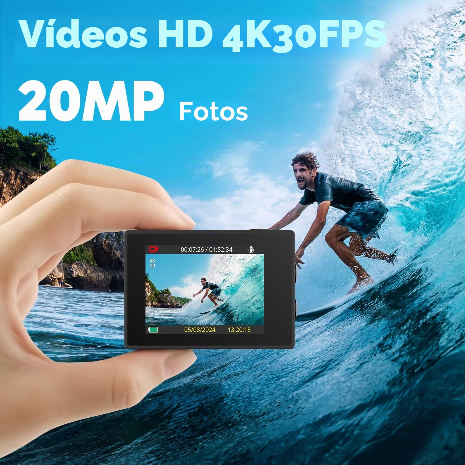 AKASO EK7000 - Cámara de acción 4 K, WiFi, Impermeable, 30 m, con Tarjeta de 64 GB, cámara subacuática WiFi de 20 MP, micrófono Externo, Mando a Distancia, 2 baterías de 1050 mAh, Accesorios para | Con EIS, funda impermeable hasta 30 m, mando a distancia,