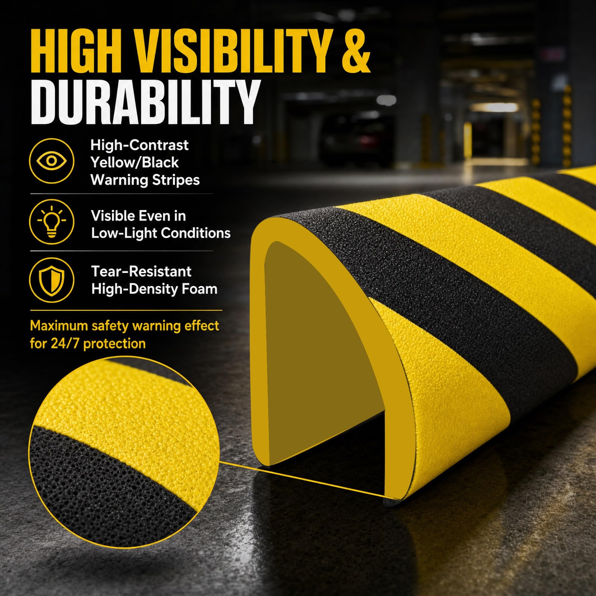 Protector Esquinas Pared Espuma Industrial, Pack de 4 Tiras Amortiguadoras 500cm Negro Amarillo, Protector Mural Autoadhesivo para Columnas y Garaje