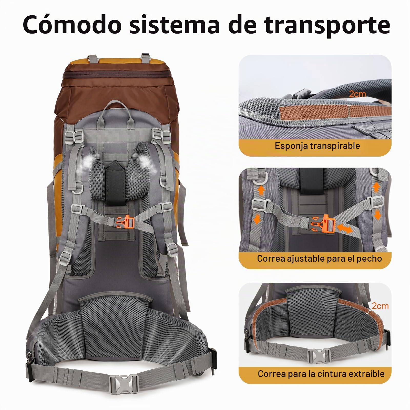 75L Grand Mochila Senderismo con Marco Interno, Mochila Montaña Acampada con Soporte de Aluminio Desmontable, Mochila Viaje Impermeable para Trekkimg Excursiones, Amarillo