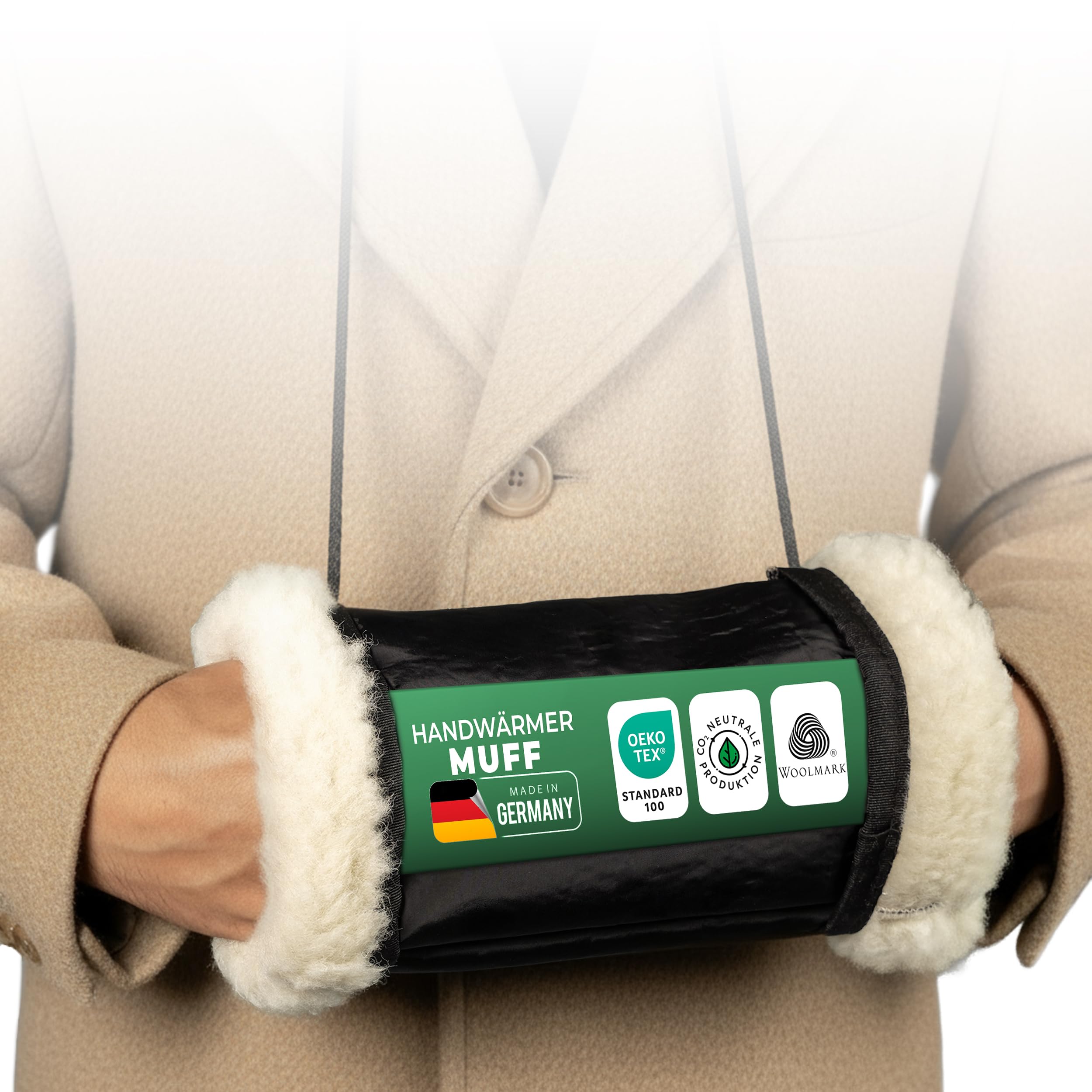 Novaliv Handmuff 1er Set – Handwärmer ohne Strom aus 100% Schurwolle, außen wasserabweisend – kuscheliger Muff gegen kalte Hände für Winter, Spaziergang, Stadt und Weihnachtsmarkt warm Sein