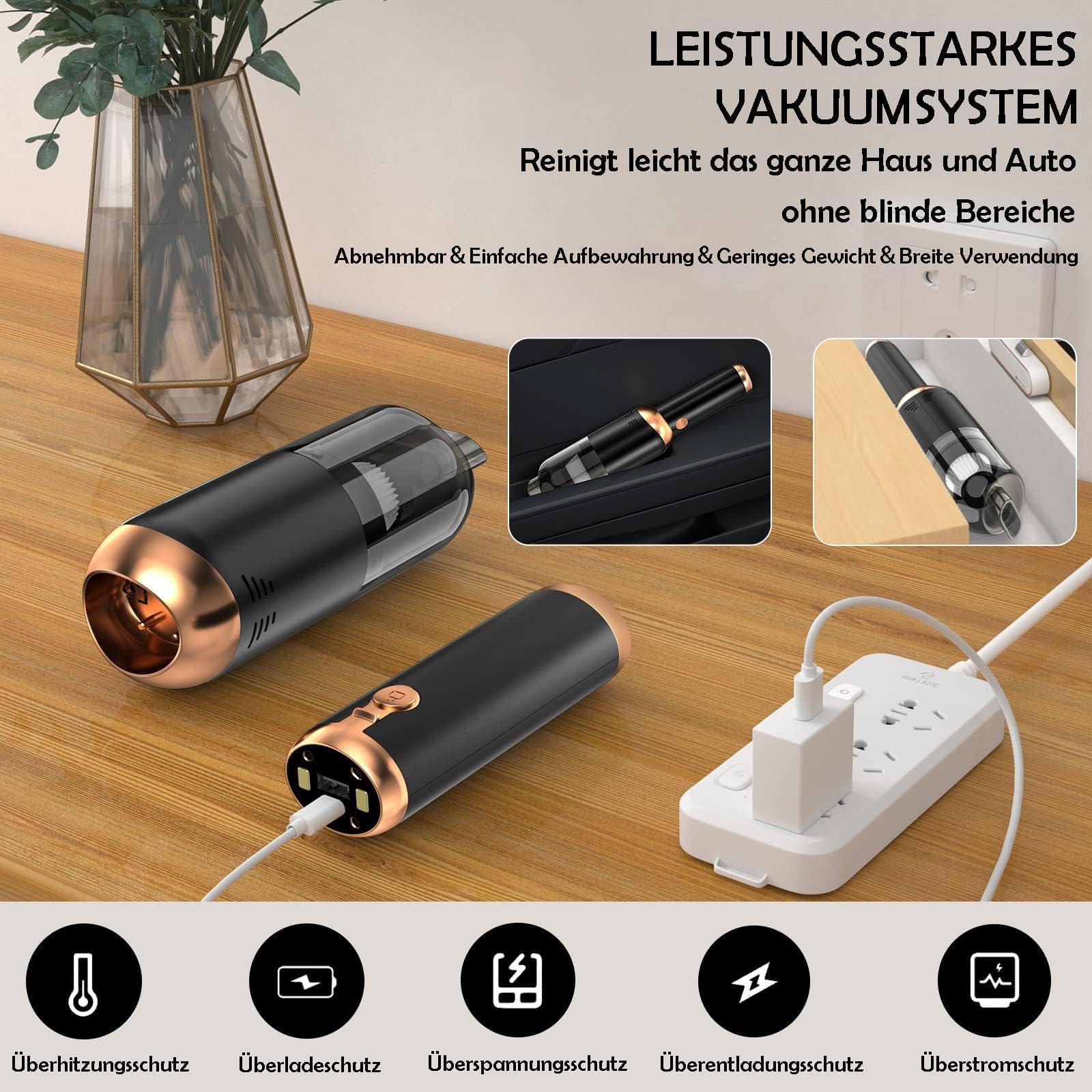 Aspirador para Coche Potente - USB Recargable Mini Aspirador de 13.000 Pa con 2 Filtro para Coche - Pelo de Animales, hogar, Oficina