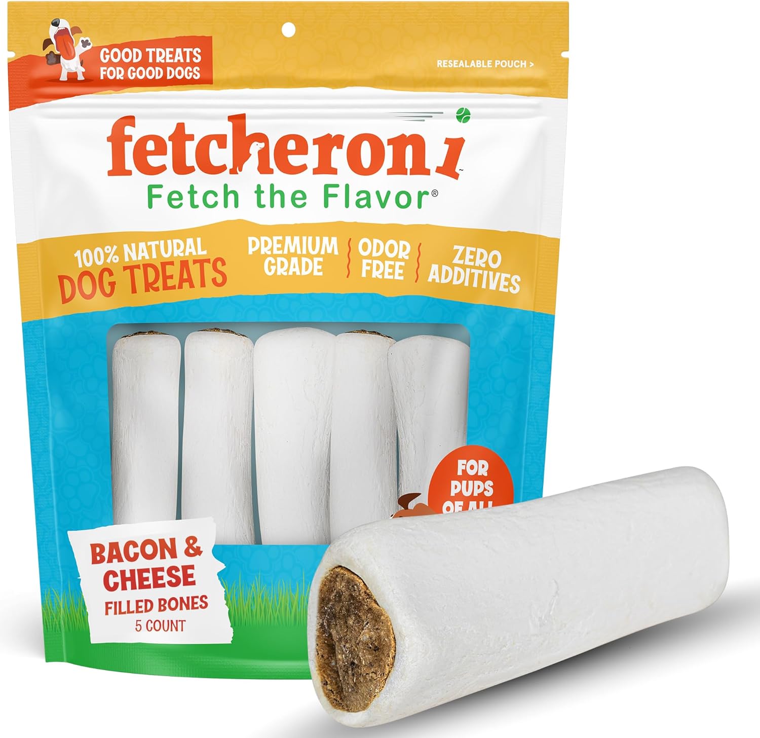 Bacon & Cheese Stuffed Dog Bones - 5-6 Inch Long Shin Treats - Healthy, Natural Dental Snack for Pets - 3 Pack