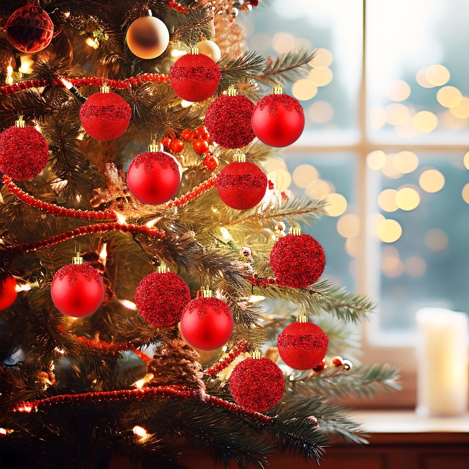 Syhood 12 adornos de bolas de Navidad con purpurina y lentejuelas de diamantes de imitación, bolas de Navidad colgantes para árboles de Navidad, bodas, fiestas, decoraciones de vacaciones (rojo, 3.15