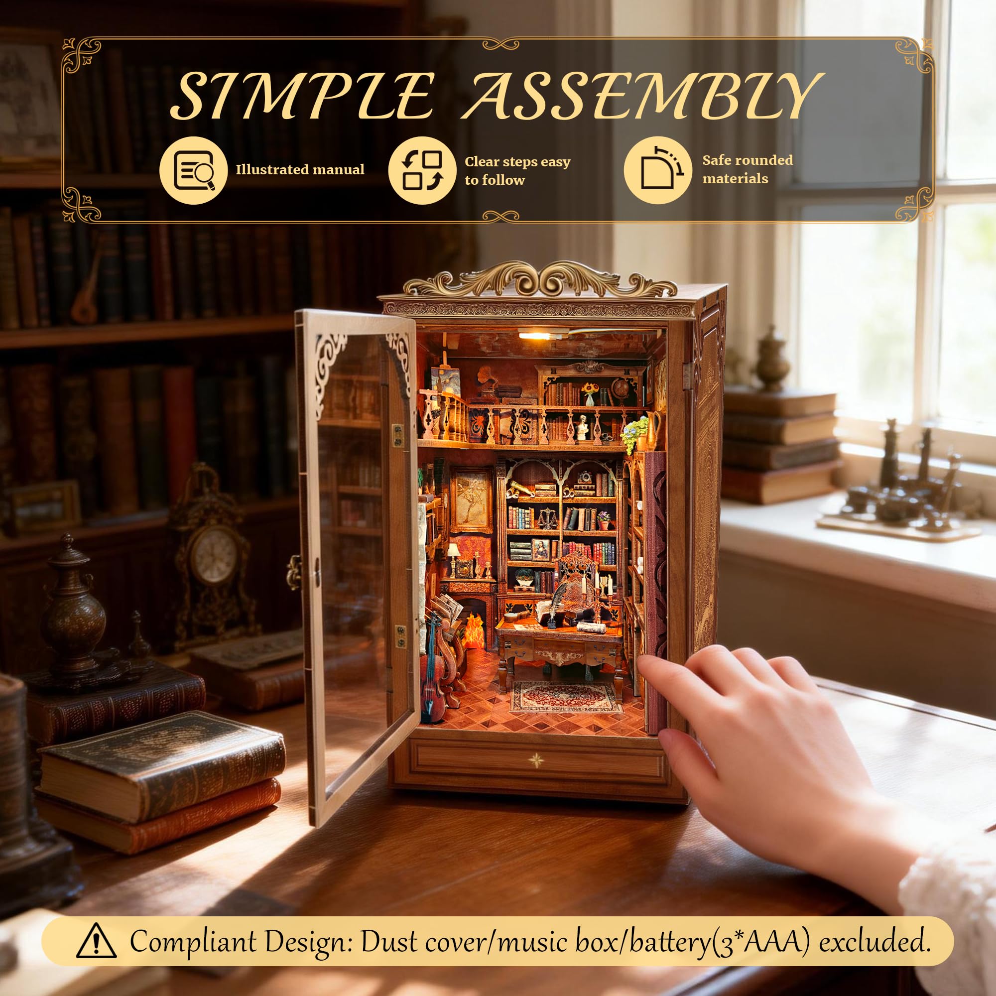 Zestawy zakątków książek dla dorosłych – drewniane puzzle 3D, magiczna biblioteka, półka na książki, dekoracja, z osłoną przeciwpyłową LED, miniaturowy zestaw do budowania dla dorosłych, kreatywny