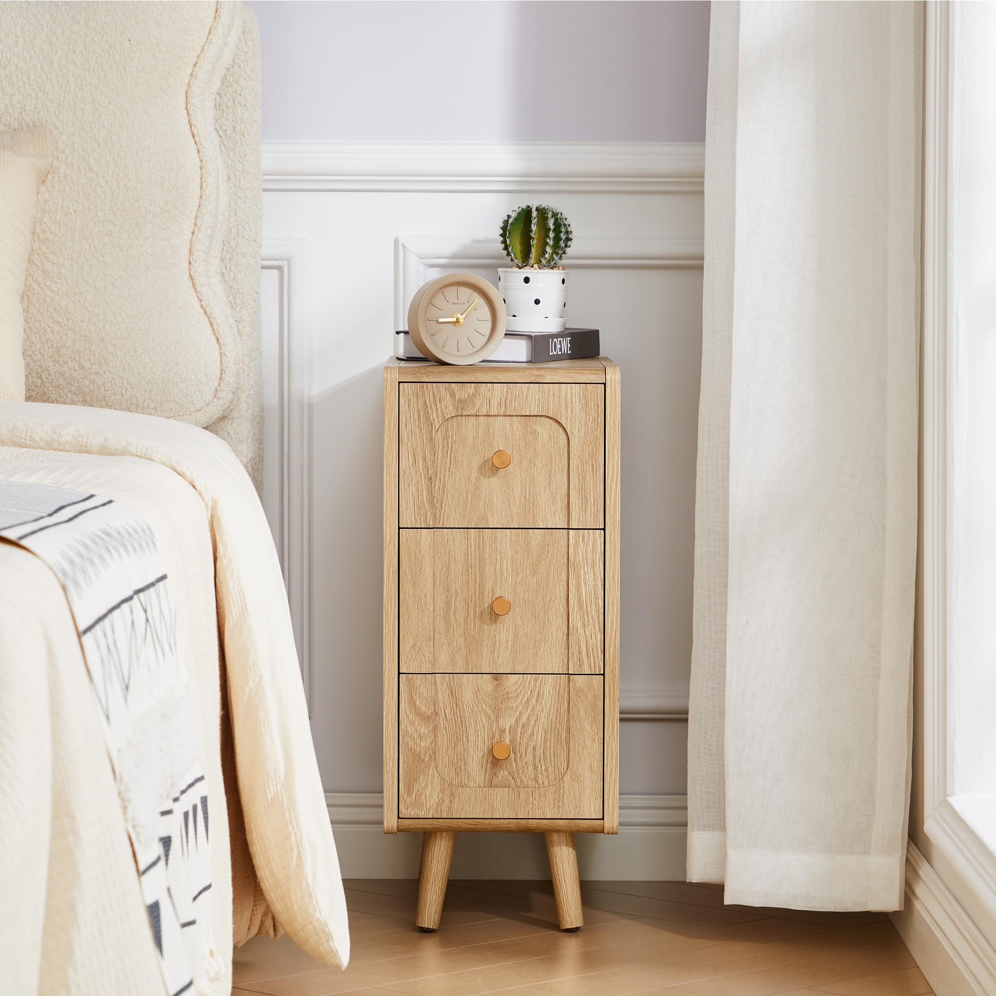 Narrow Nightstand with 2 Drawers, Small Bedside Tables, Mid-Century Modern Slim Night Stand with Storage, Wooden End Table for Small Spaces, Bedroom, Living Room (Walnut-1PCS) — view 10
