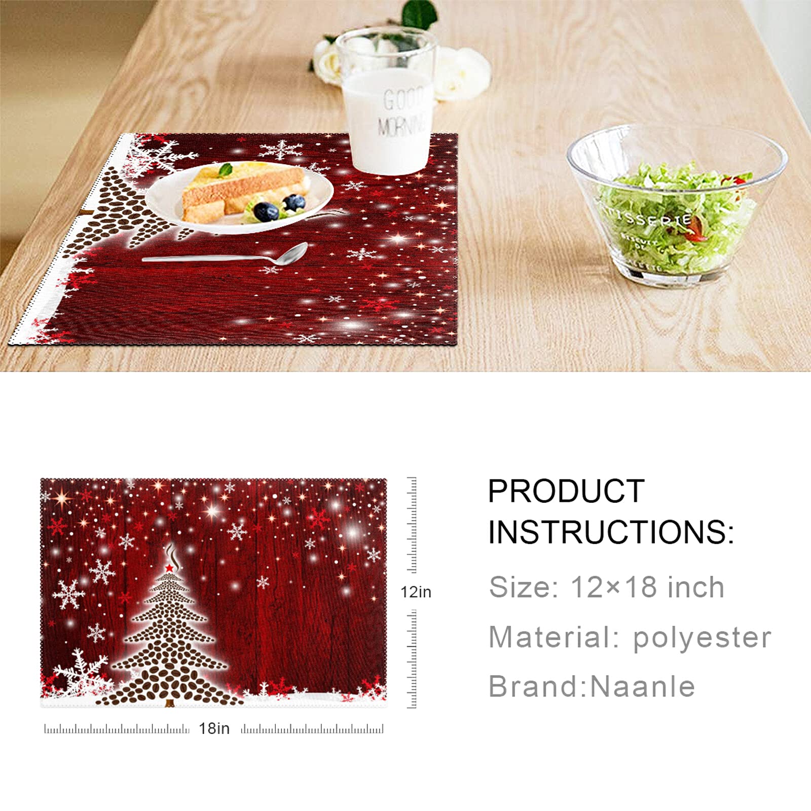 Naanle Winter Holiday Christmas Placemats Set of 4 Christmas Tree with Snowflake Heat-Resistant Washable Table Place Mats for Kitchen Dining Table Decoration