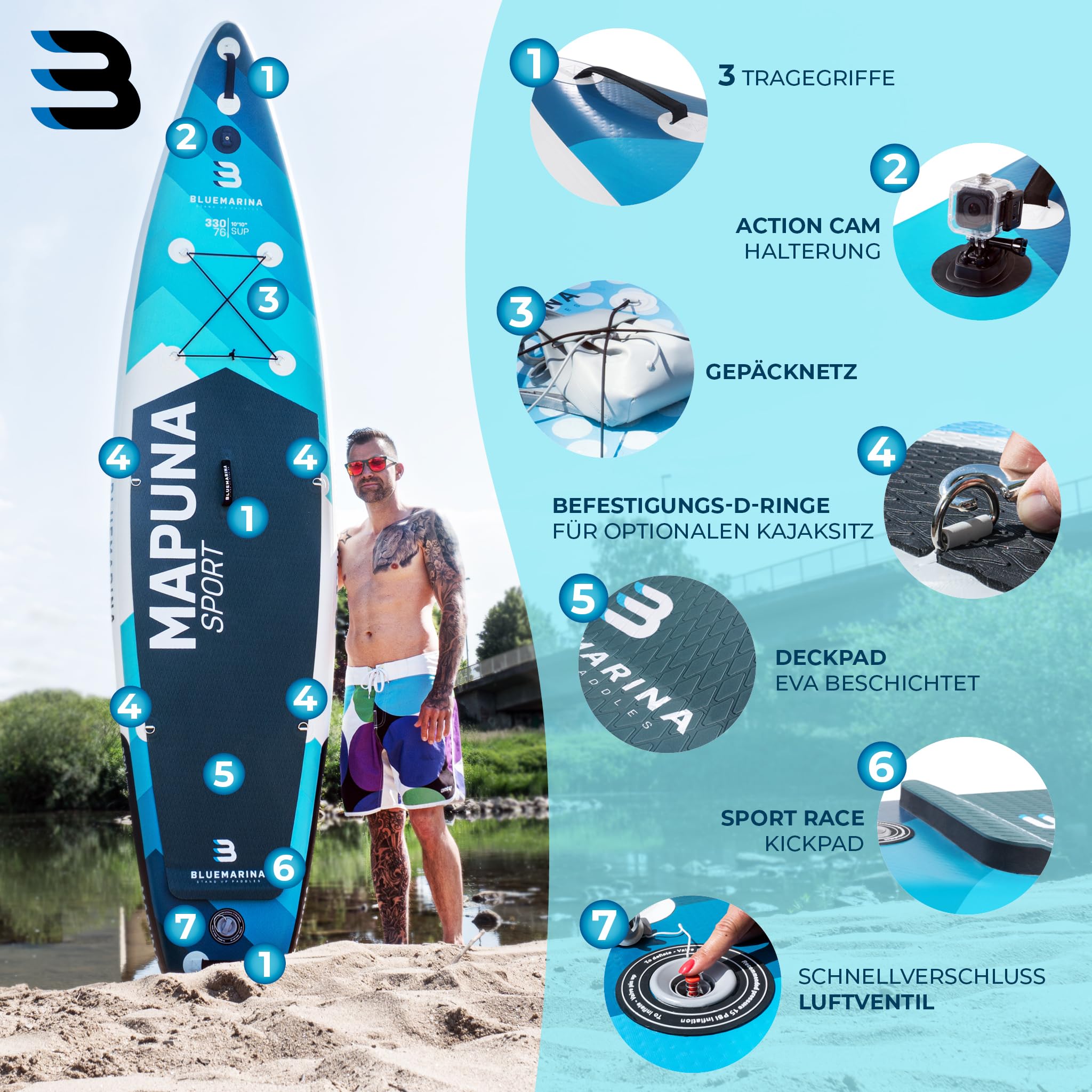 Stand Up Paddling Board | Bluemarina Mapuna 330x76x16 cm bis 200 kg | 𝟓 𝐉𝐀𝐇𝐑𝐄 𝐆𝐀𝐑𝐀𝐍𝐓𝐈𝐄 - SUP Board - Stand Up Paddle - Standup Paddle Board - Surfbrett aufblasbar (Mapuna 330x76x16)