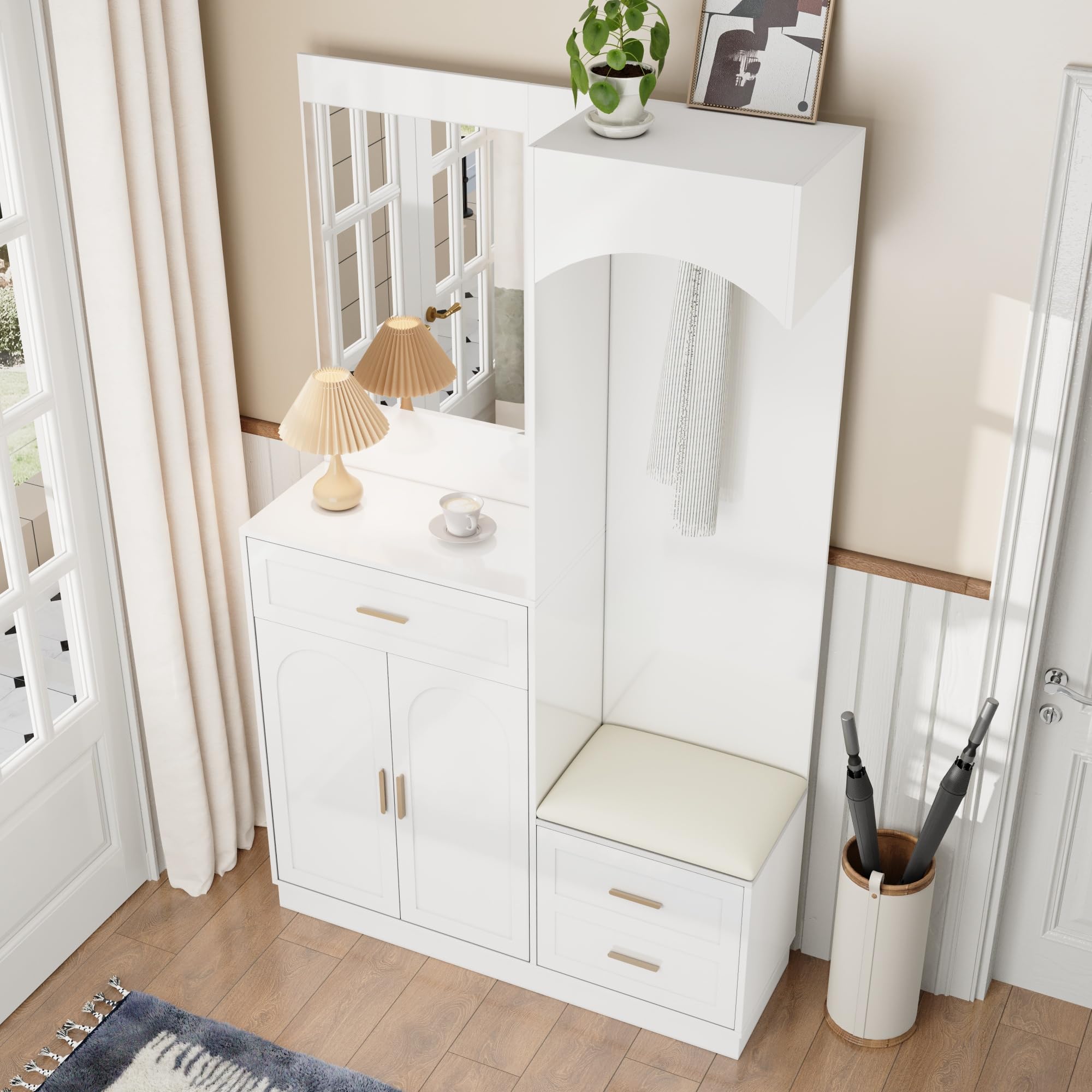 LAKFEW Juego de Perchero Moderno, Recibidores de Entrada con Espejo y Asiento, Conjunto de Perchero Entrada Recibidor Mueble Recibidor con Cajón y 3 Puertas, Percheros, 110x33x185.5 cm, Blanco