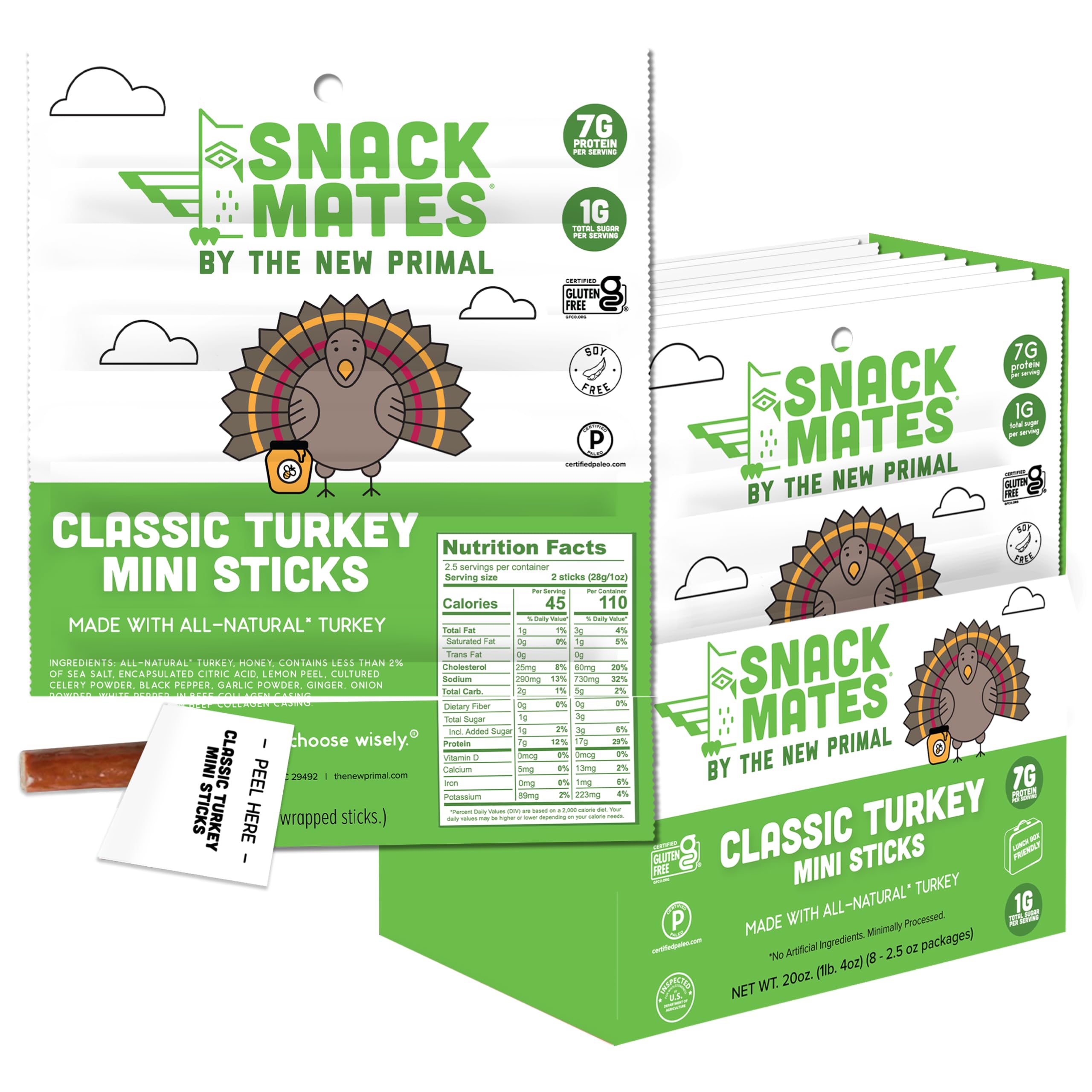 New Primal Snack Mates Turkey Sticks, Gluten Free Healthy Snacks for Kids, Low Sugar High Protein Back to School Snacks, Mini Paleo Jerky Meat Stick,
