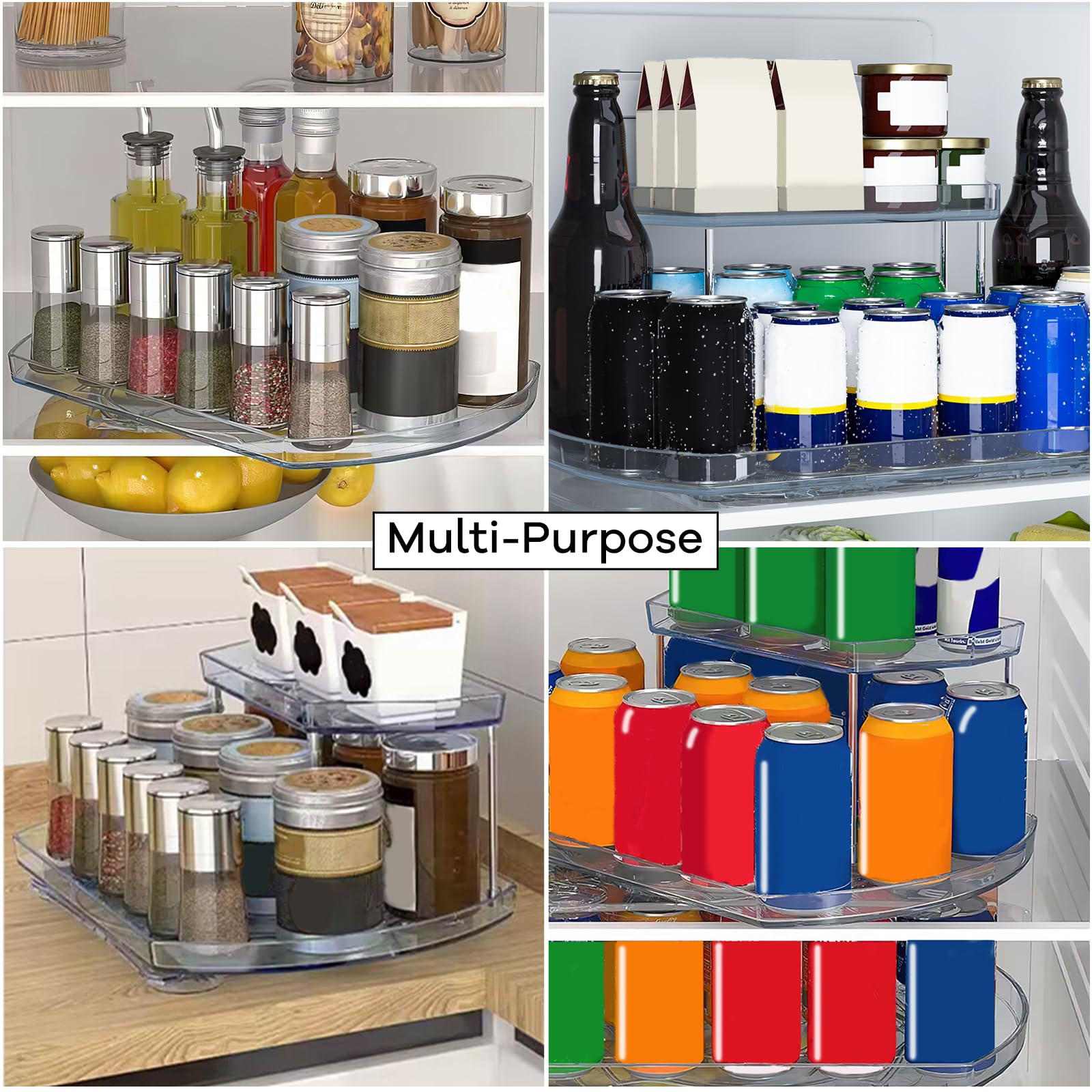 YZHDUXIU 2-Tiers 360 Rotating Lazy Susan Turntable Organizer for Refrigerator, Rectangular Transparent Fridge Organizers and Storage, Large Capacity Lazy Susans for Refrigerator Cabinet, Countertop