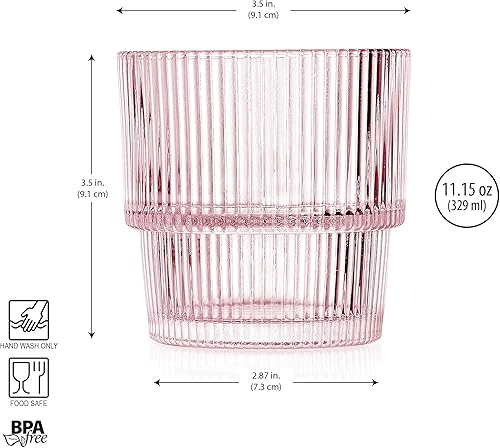 Miniatura 3 de Glaver's Juego de 4 vasos acanalados para beber, vasos rosados, vasos de vidrio vintage. Vasos de rocas de 11 onzas, vasos de whisky apilables,