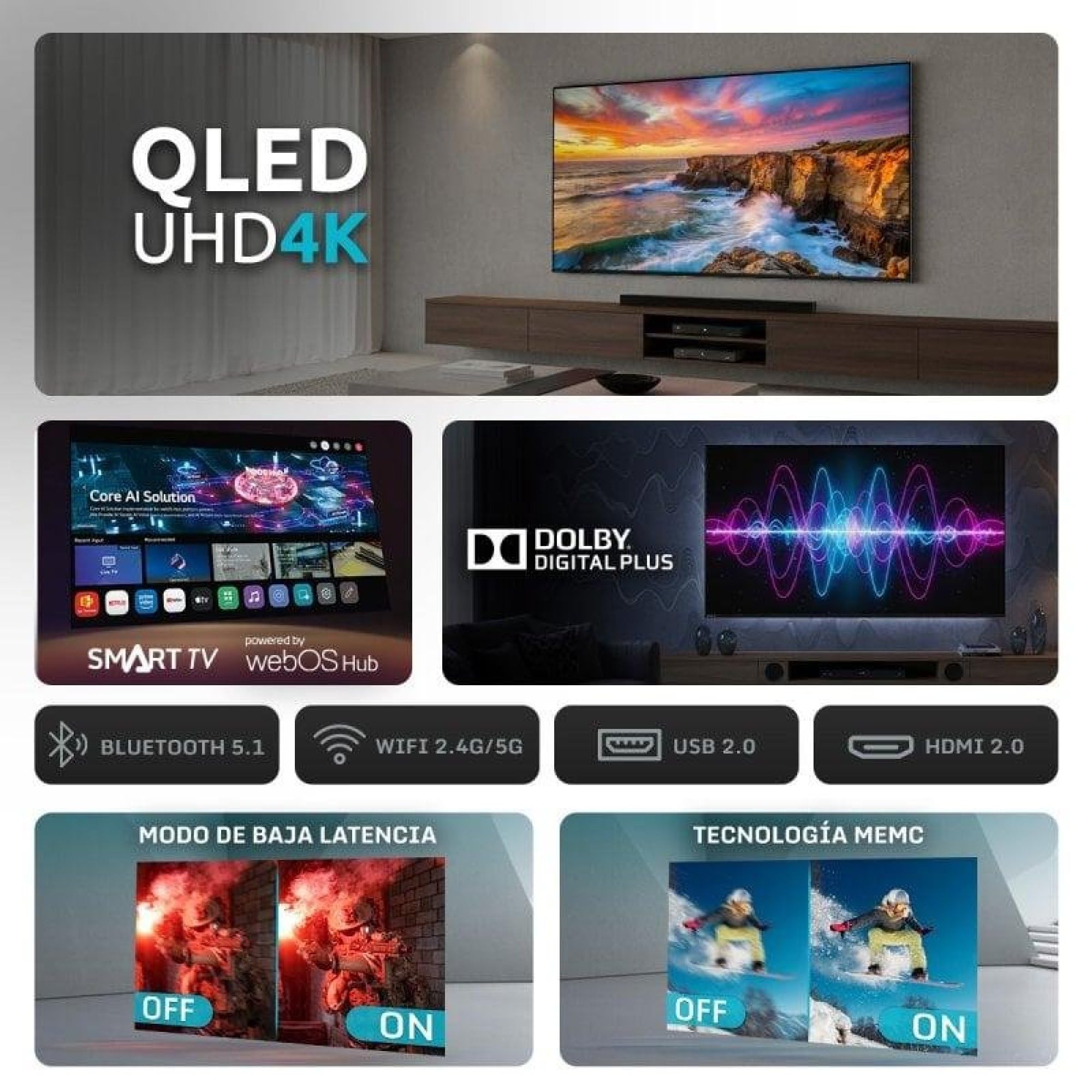 Nilait Smart TV 55 Pulgadas, QLED UHD 4K, WebOS, Colores Vivos, Baja Latencia, Bluetooth 5.1, x3 HDMI, x2 USB, WiFi, Smart TV Negra