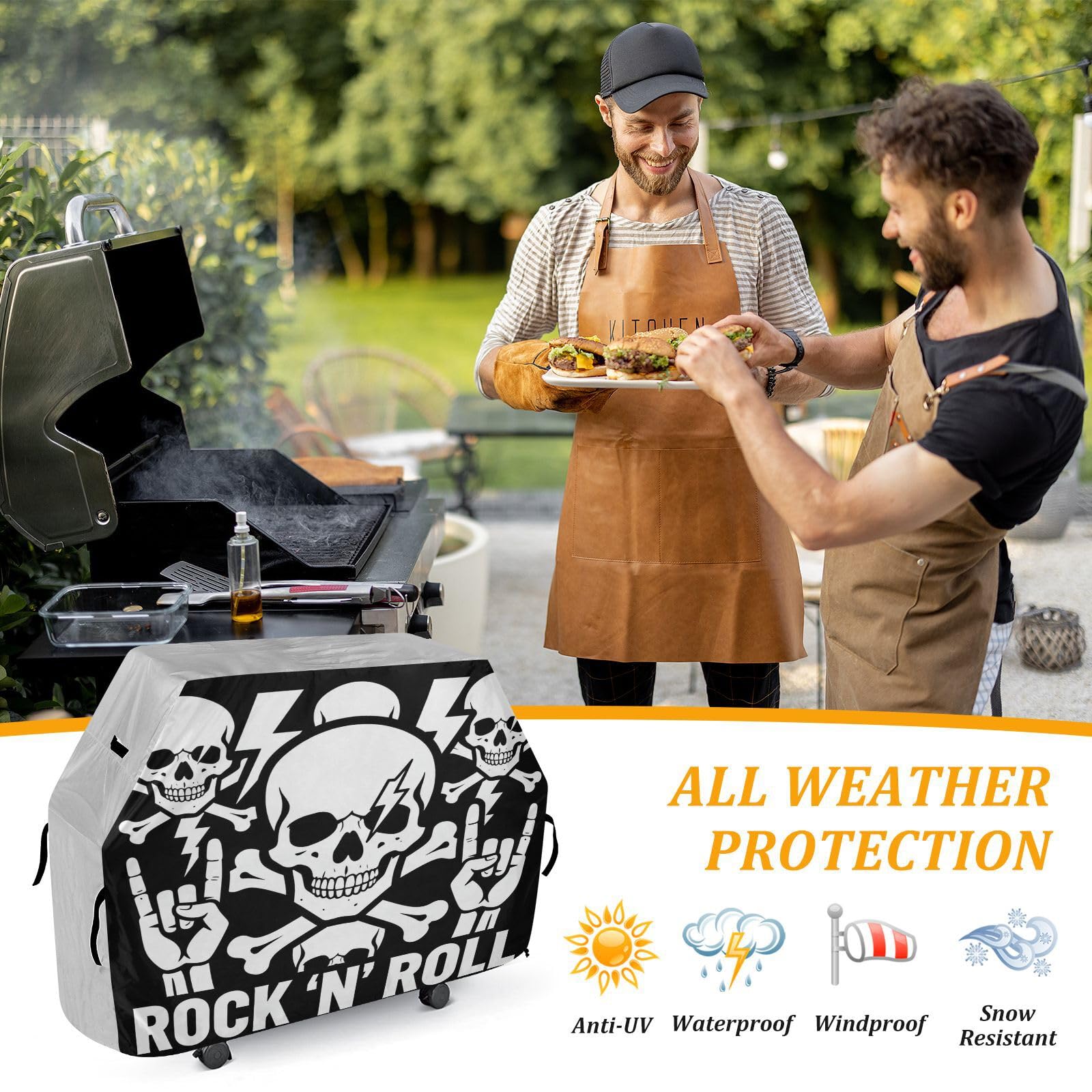 Fundas para ahumadores de 65 pulgadas, resistentes y anti-UV para exteriores, diseño de calavera Rock 'n' Roll