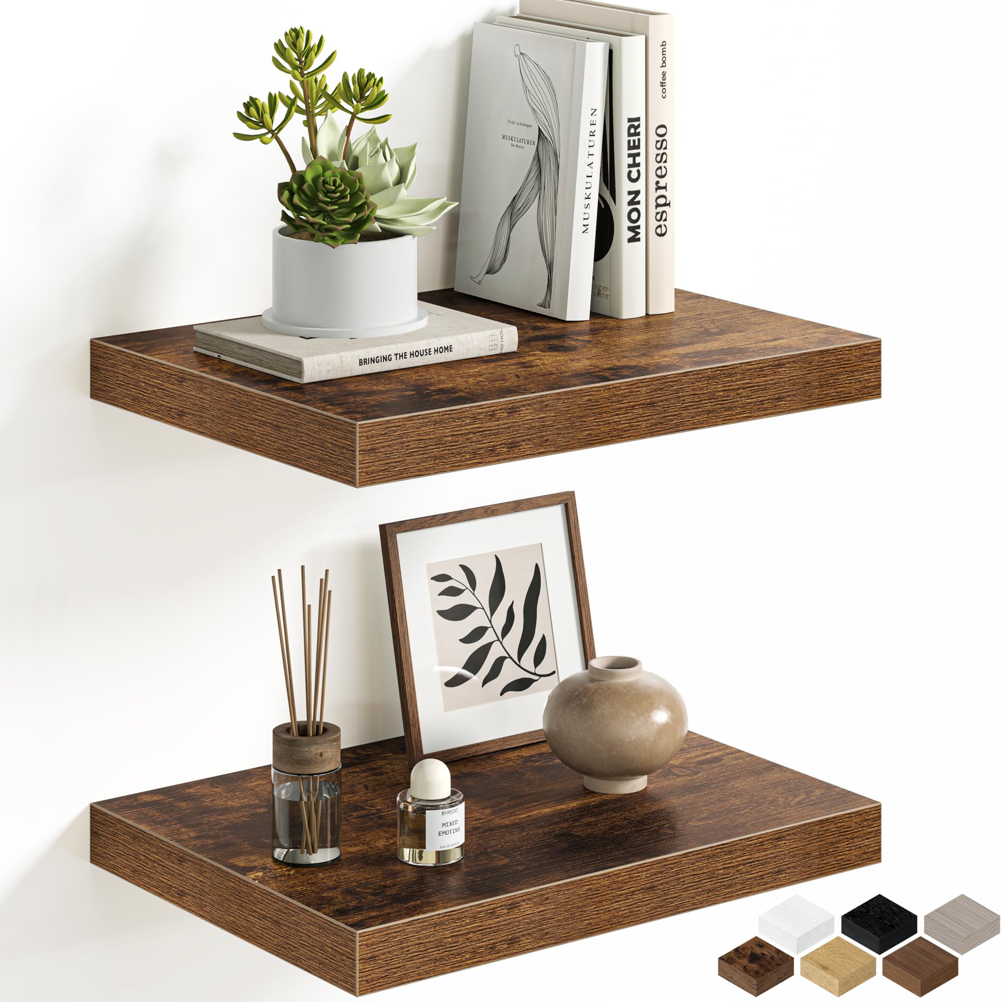 Photo 1 of 12 Inch Deep Floating Shelves, 60W x 12D Floating Shelf for Books, Rustic Wood Deep Wall Shelves for Home Storage & Display, 1.5" Thicked Shelves for Kitchen, Living Room, Bedroom, Brown, 2 Pack
