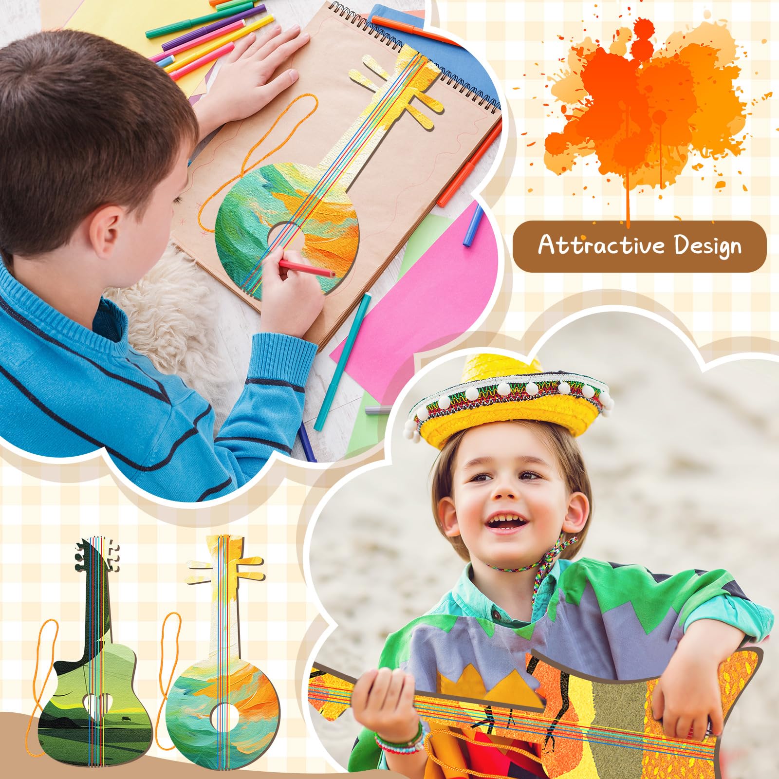 24 piezas de recortes de guitarra de madera para niños, recortes de guitarra de madera de 12 x 6.5 pulgadas para niños y niñas, instrumento musical de bambú para pintar, adecuado para clases de 4