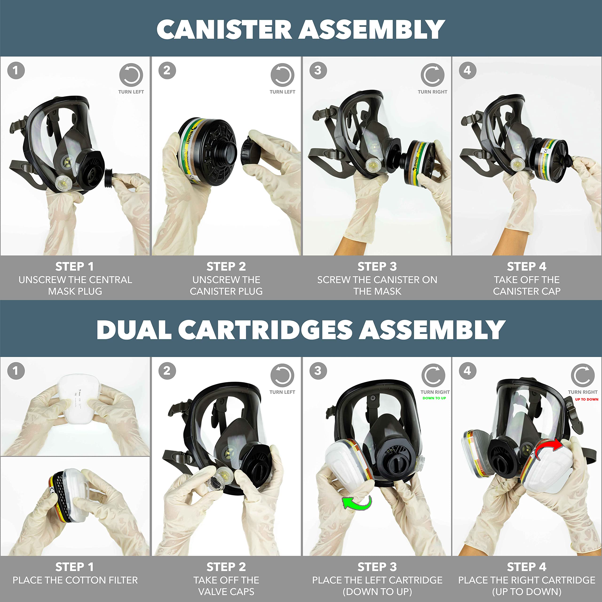 RHINO Maschera antigas integrale riutilizzabile per vapori organici, gas acidi, fumiganti, vernici e protezione del viso con filtro e guanti di sicurezza (RH-7011B)