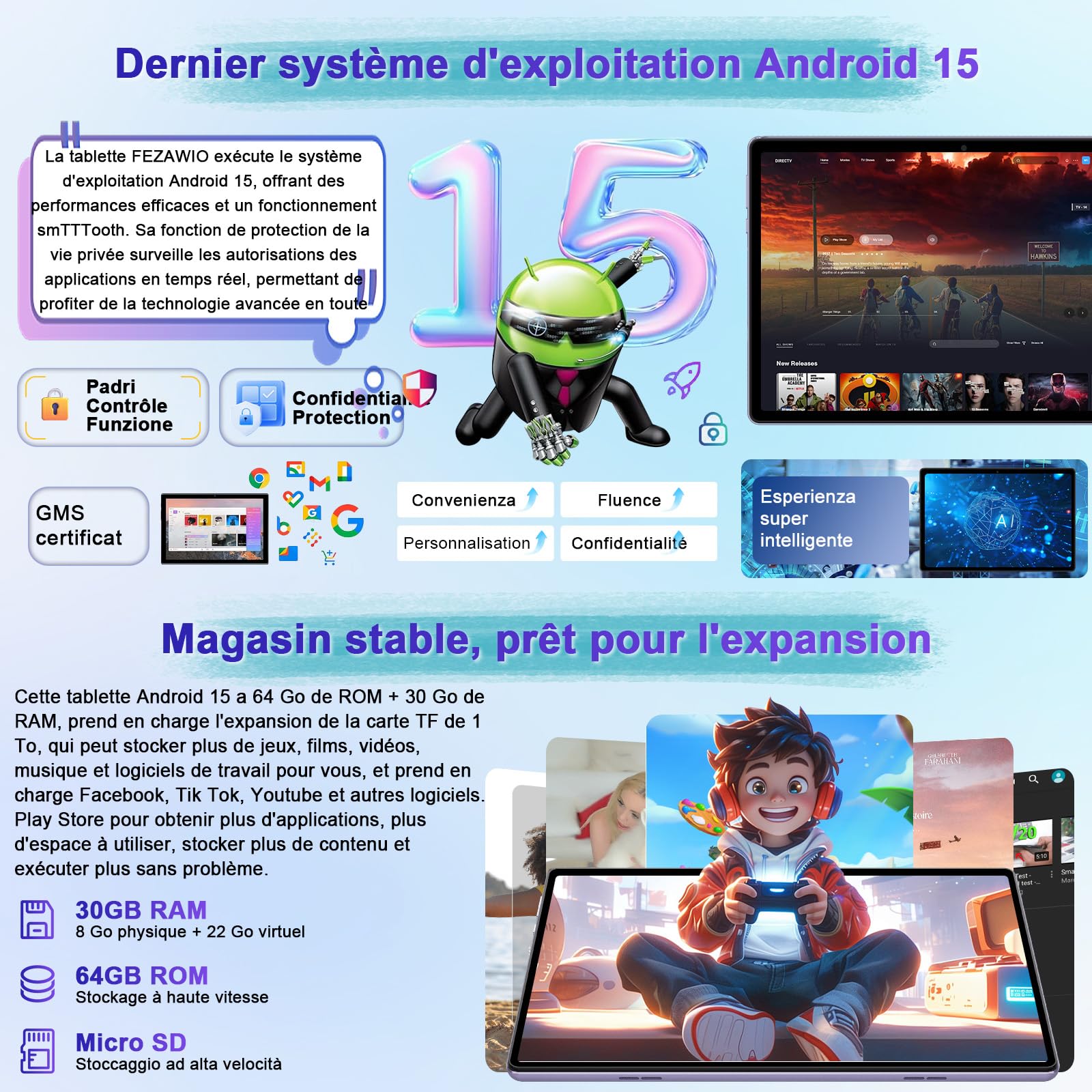 Visiter la boutique fezawio Android 15 Tablette 10 Pouces avec Gemini AI, Octa-Core Tablettes PC, 30 GO RAM+ 64 GO ROM (1TO TF), 3.5mm Audio/ WiFi 6 & BT 5.0 / 6000mAh /GPS/Widevine L1,Tablettes avec Clavier+Souris et Cas-violet in use