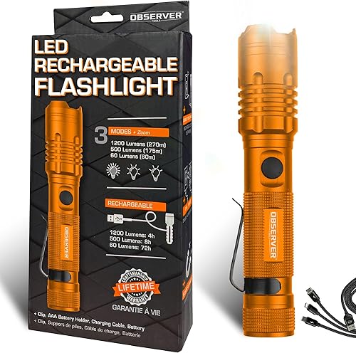 Observer Tools Linterna LED recargable de 1200 lúmenes, linterna táctica LED con banco de energía, doble potencia, linternas impermeables IP67