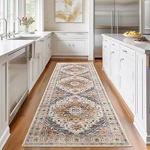 Madane Runner Rug 2'6''x8' Kitchen Runner, Hallway Runner Printed Vintage Washable Rugs Soft Non-Slip Low Pile 2.5x8 ft Runners for Hallways Laundry Room Rug Distressed Rug, Turmeric/Grey