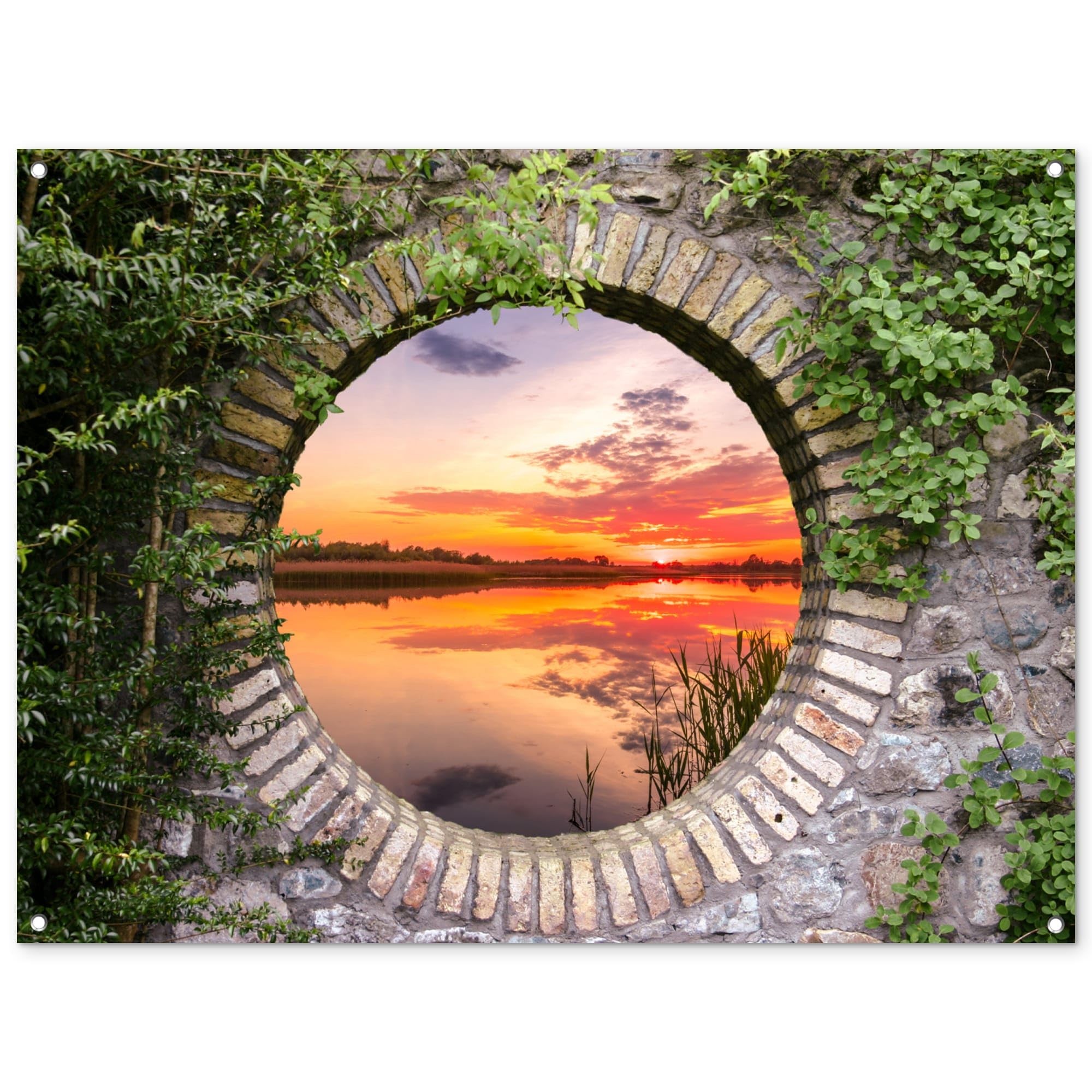 MuchoWow© Gartenposter Outdoor Bilder Gartendeko für draußen Wetterfest | 120x90 cm - Garten Deko Banner Sichtschutzmatte Draußen Bild Meer - Sonnenuntergang - Ausblick