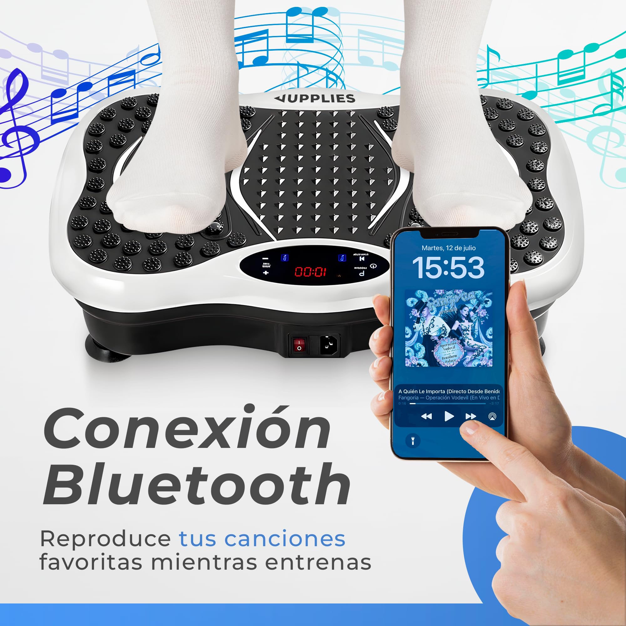 JUPPLIES Plataforma Vibratoria 200W - 5 Modos, 99 Velocidades, Bluetooth, Mando y 5 Bandas Elásticas - Plataforma Vibración Muscular para Adelgazar y Tonificar